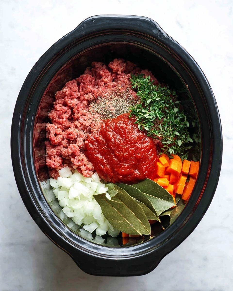 The image shows a black slow cooker filled with layers of ingredients. At the bottom left, there are small chopped pieces of white onion and orange carrot. Next to the vegetables, toward the bottom right, there are three large green bay leaves. Above the bay leaves, there is a bright red dollop of tomato paste. On the top left side, a pile of raw ground meat sits with a sprinkle of white salt and black pepper on top. To the right of the meat, fresh green herb sprigs are placed. The slow cooker rests on a white marbled surface. photo taken with an iphone --ar 4:5 --v 7