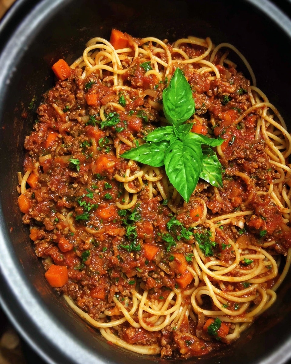 The image shows a black pot filled with spaghetti mixed with a thick red-brown meat sauce containing small chopped orange carrot pieces and herbs. The noodles are light tan and twisted throughout the sauce. On top, there are fresh bright green basil leaves adding a pop of color. The dish looks rich and hearty with a textured mix of sauce and pasta. photo taken with an iphone --ar 4:5 --v 7