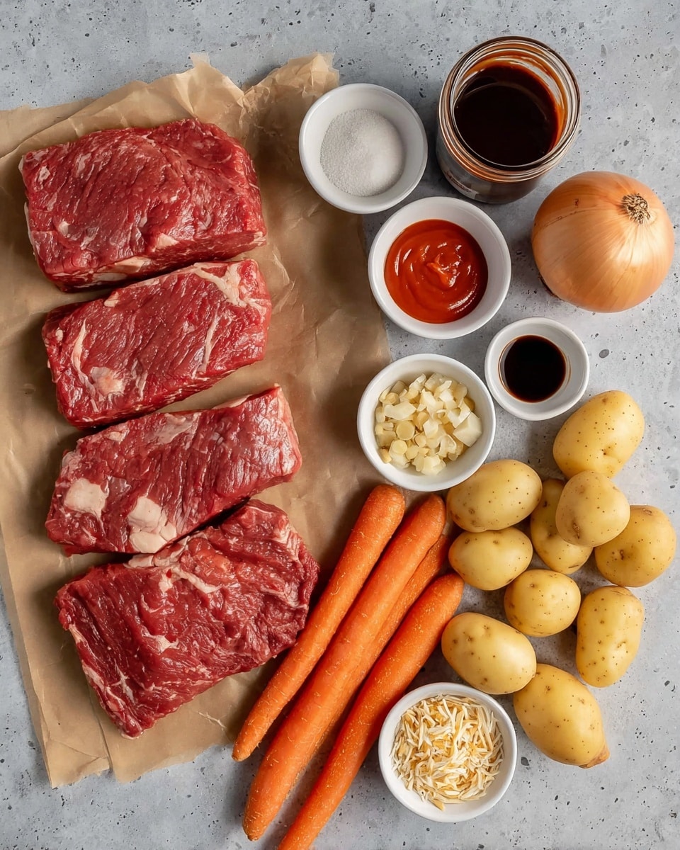 The image shows four pieces of raw red meat with white marbling on a piece of brown parchment paper on the left side. On the right side, there are three long orange carrots horizontally placed below a cluster of small, round, light yellow potatoes. Above the potatoes, a whole light brown onion is visible near the top right corner. In the middle area, there are several small white bowls containing various ingredients: a bright red sauce, a dark brown liquid, minced garlic, a white powder, and a mix of shredded dried ingredients. At the top left, there is a dark can and a jar of chunky red sauce. All items are arranged on a white marbled textured background photo taken with an iphone --ar 4:5 --v 7