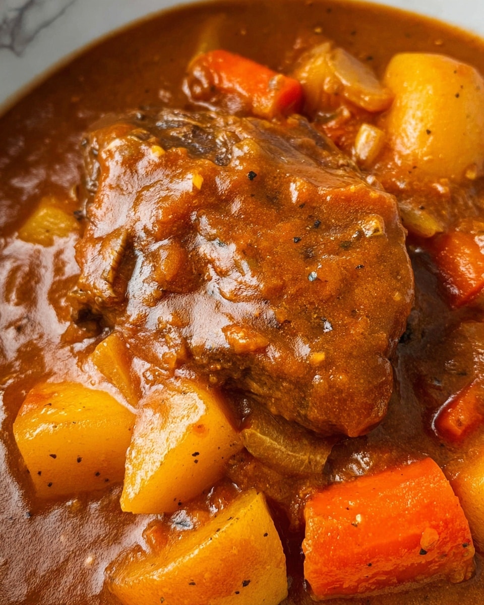 The image shows a close-up of a rich brown stew with a thick sauce coating all ingredients. At the center, there is a large piece of meat covered by the sauce. Around the meat, there are layers of chunky orange carrots and light yellow potato pieces, both soft and shiny, mixed into the sauce. The sauce has a slightly rough texture with small bits of vegetables and meat visible throughout. The whole dish appears warm and hearty, displayed on a white marbled surface. photo taken with an iphone --ar 4:5 --v 7
