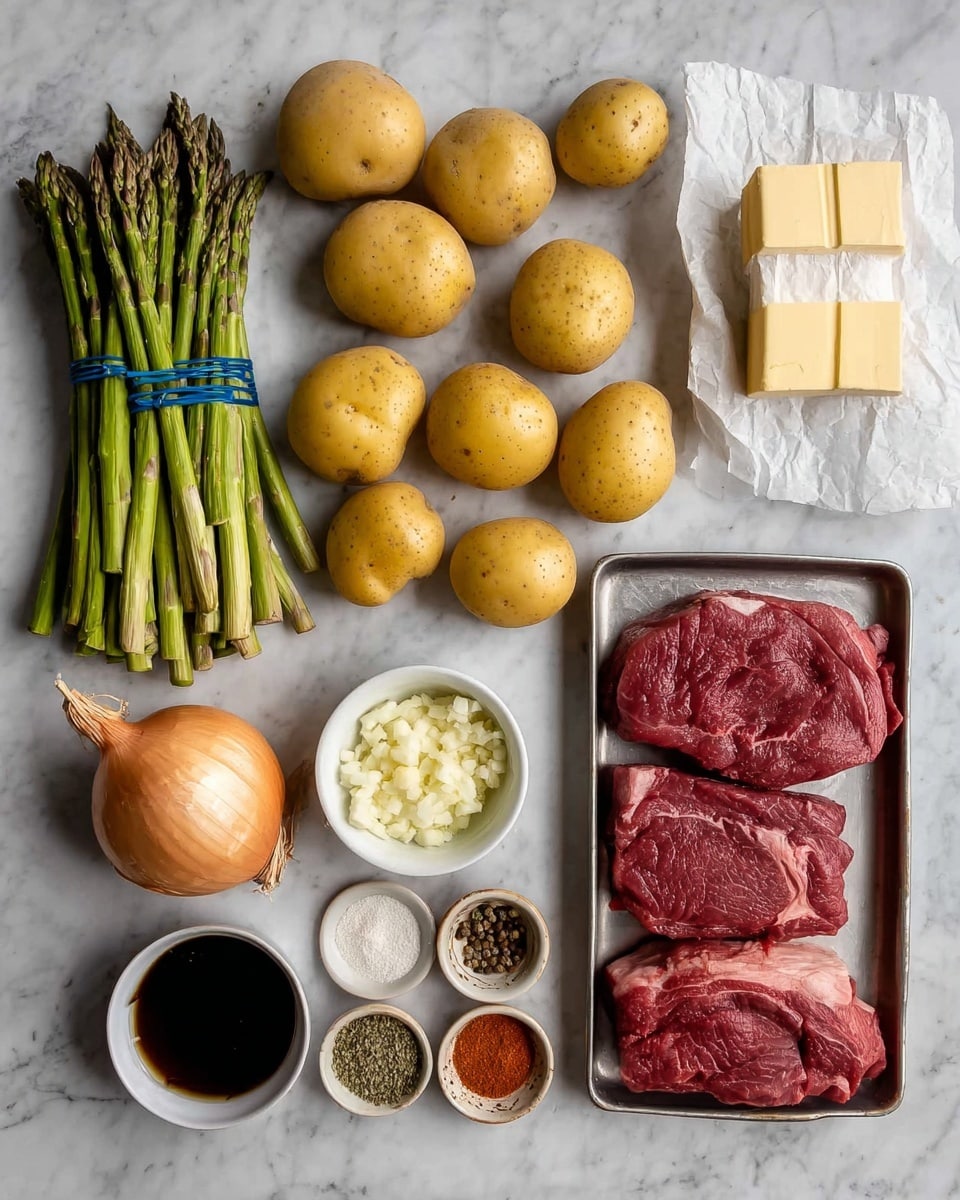 The image shows a collection of fresh ingredients arranged neatly on a white marbled surface. On the left, two bunches of green asparagus tied with blue bands stand upright. Next to them are many small round yellow potatoes spread out in the center. Above these, two sticks of butter wrapped in paper sit side by side. Below the potatoes, there is a whole yellow onion with roots at the base. A small white bowl filled with minced garlic is placed near the onion. Next to it, a small glass container holds a dark liquid, likely soy sauce or Worcestershire sauce. On the right side, a silver tray holds three pieces of raw red meat with some white fat along the edges. Near the tray, a small white bowl with a brown rim contains various dry spices including red powder, black pepper, greenish seeds, and light brown powder. The photo taken with an iphone --ar 4:5 --v 7
