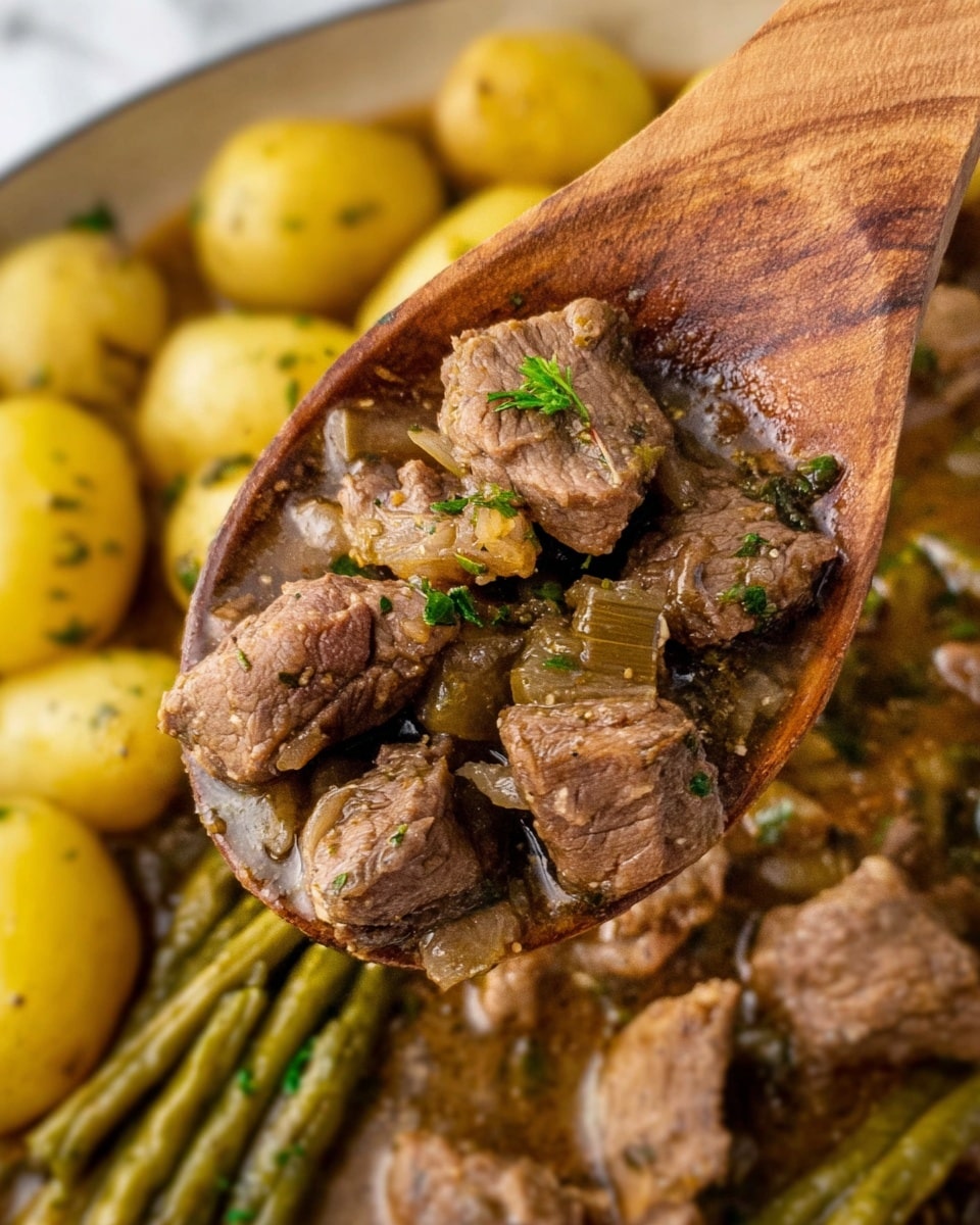 The image shows a close-up of a wooden spoon full of brown, cooked beef chunks mixed with small pieces of herbs and onions. Below the spoon, there are more beef pieces and tender green stalks, while in the background there are yellow baby potatoes covered lightly in herbs. The dish appears juicy with a light brown sauce coating the meat and vegetables. The colors are mainly brown and yellow with some green herb details, and the texture looks soft and cooked. The scene is set on a white marbled surface. photo taken with an iphone --ar 4:5 --v 7