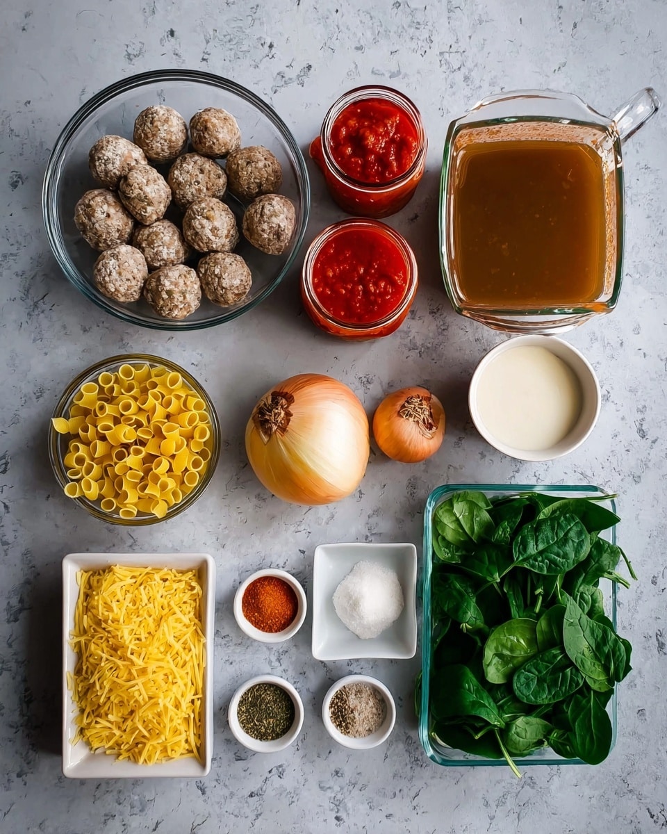 The image shows ingredients for a meal arranged neatly on a white marbled surface. There is a clear glass bowl filled with small uncooked meatballs, next to two jars containing tomato sauce and a small can of tomato paste. A transparent jug holds brown broth, and a rectangular container is filled with fresh green spinach leaves. A white bowl contains uncooked small yellow pasta rings. A clear glass jug holds cream, and an onion sits beside a small bowl of white powder. Another small white bowl has minced garlic, and a white dish holds grated yellow cheese. A small dish includes mixed spices in separate sections: black pepper, paprika, dried herbs, and salt. Photo taken with an iphone --ar 4:5 --v 7