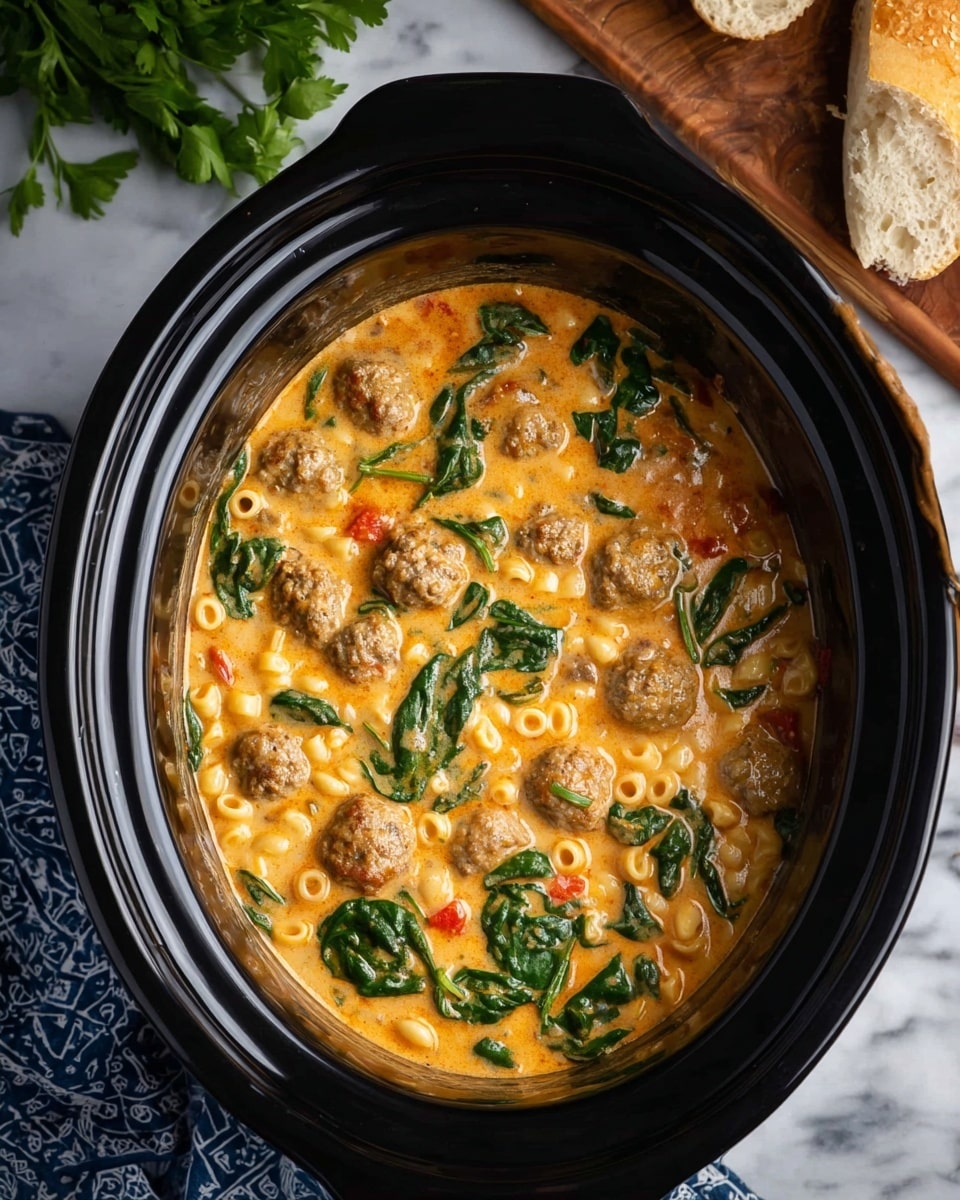 A black crockpot is filled with creamy orange soup that has small round meatballs, short tube pasta, and fresh dark green spinach leaves floating evenly throughout. The soup looks thick and rich, with bits of herbs and small tomato pieces adding texture. The crockpot sits on a white marbled surface with a wooden spoon handle visible on the side, a piece of light brown bread and blue patterned cloth in the top right corner, and some fresh green herbs in the top left corner. Photo taken with an iphone --ar 4:5 --v 7