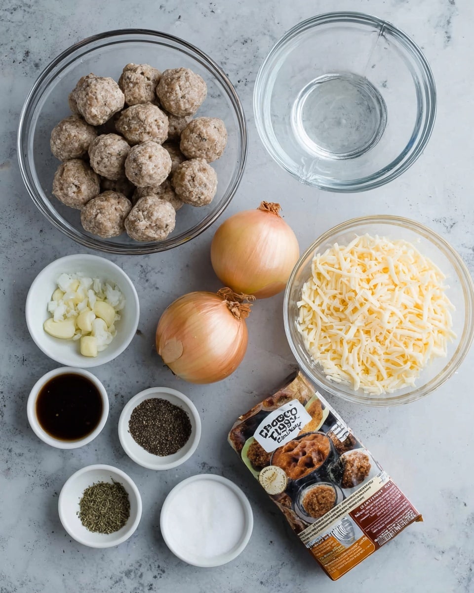 A clear glass bowl filled with many small frozen meatballs sits at the top left, while two whole light brown onions rest on a white marbled surface nearby, one larger than the other. To the right, there is a clear glass bowl filled with shredded pale yellow cheese and a clear glass measuring cup with water. Below the onions, a small metal bowl holds minced garlic, and next to it is a small bowl with a dark brown sauce. At the bottom left, a white bowl with black pepper, and a small white bowl with green dried herbs are seen. Between these is a tube of brown gravy mix with an image of meat and green beans on the package. Another small white bowl contains white powder, and next to it is a small white bowl with white liquid. The whole setting is on a white marbled surface. Photo taken with an iphone --ar 4:5 --v 7