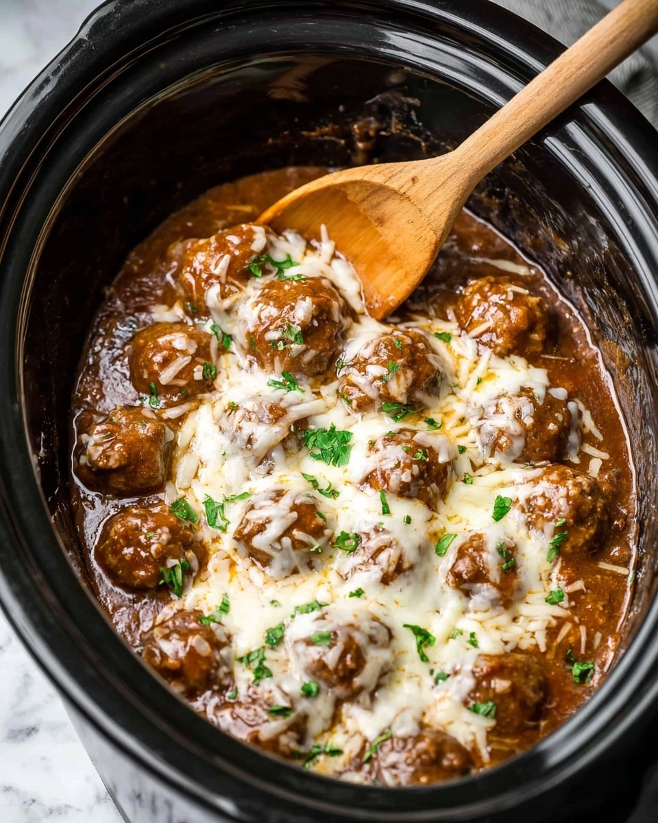 A black slow cooker filled with a stew of round brown meatballs covered in a thick brown sauce, topped with melted white cheese spread unevenly across the surface. Small bright green herb pieces are sprinkled on top for color, and a wooden spoon is partially submerged in the stew on the right side. The background is a white marbled texture. Photo taken with an iphone --ar 4:5 --v 7
