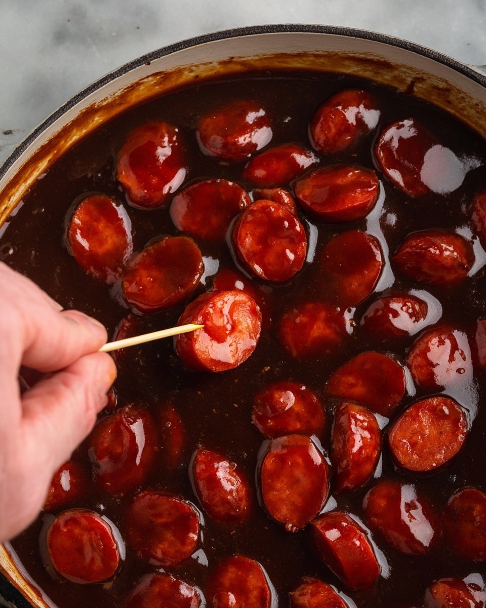 The image shows shiny red sausage slices in a thick dark brown sauce filling a white pan. A woman's hand is holding a toothpick picking up one glossy sausage slice, which appears smooth and cooked with some darker grill marks. The sauce looks thick and coats the sausage well, creating a rich and sticky texture. The background has a white marbled texture. photo taken with an iphone --ar 4:5 --v 7