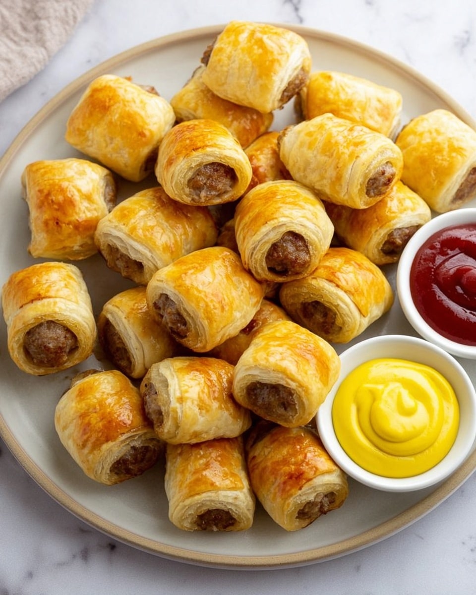 A round white plate on a white marbled surface holds many small sausage rolls arranged closely together. Each sausage roll has two to three layers: the outer layer is golden and flaky pastry with a light brown shiny finish, wrapped around a visible brown cooked sausage filling peeking out from one end. On the plate’s side are two small white bowls, one filled with bright yellow mustard sauce smoothly swirled, and the other filled with dark red ketchup-like sauce, both sitting on the white marbled background. Photo taken with an iphone --ar 4:5 --v 7