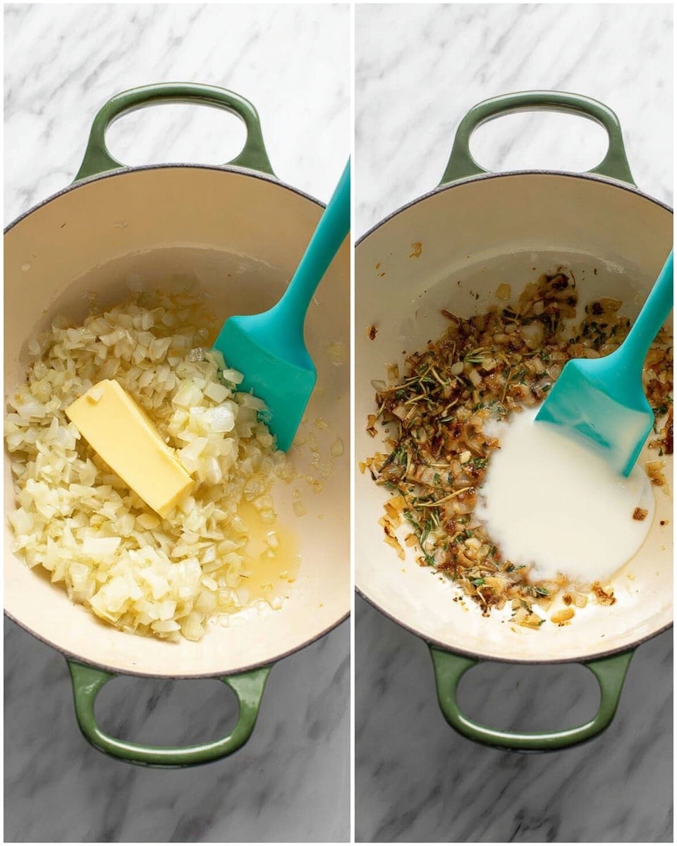 The two images show a white enamel pot with a green handle on a white marbled surface. In the left image, there is a layer of small chopped light yellow onions as the bottom layer, with a melting stick of yellow butter beside them, and a turquoise silicone spatula resting on the onions. In the right image, the bottom layer has browned cooked onions mixed with small green herb pieces, and a white creamy liquid is being poured on top, covering part of the browned onions, while the turquoise spatula is sitting in the pot. Photo taken with an iphone --ar 4:5 --v 7