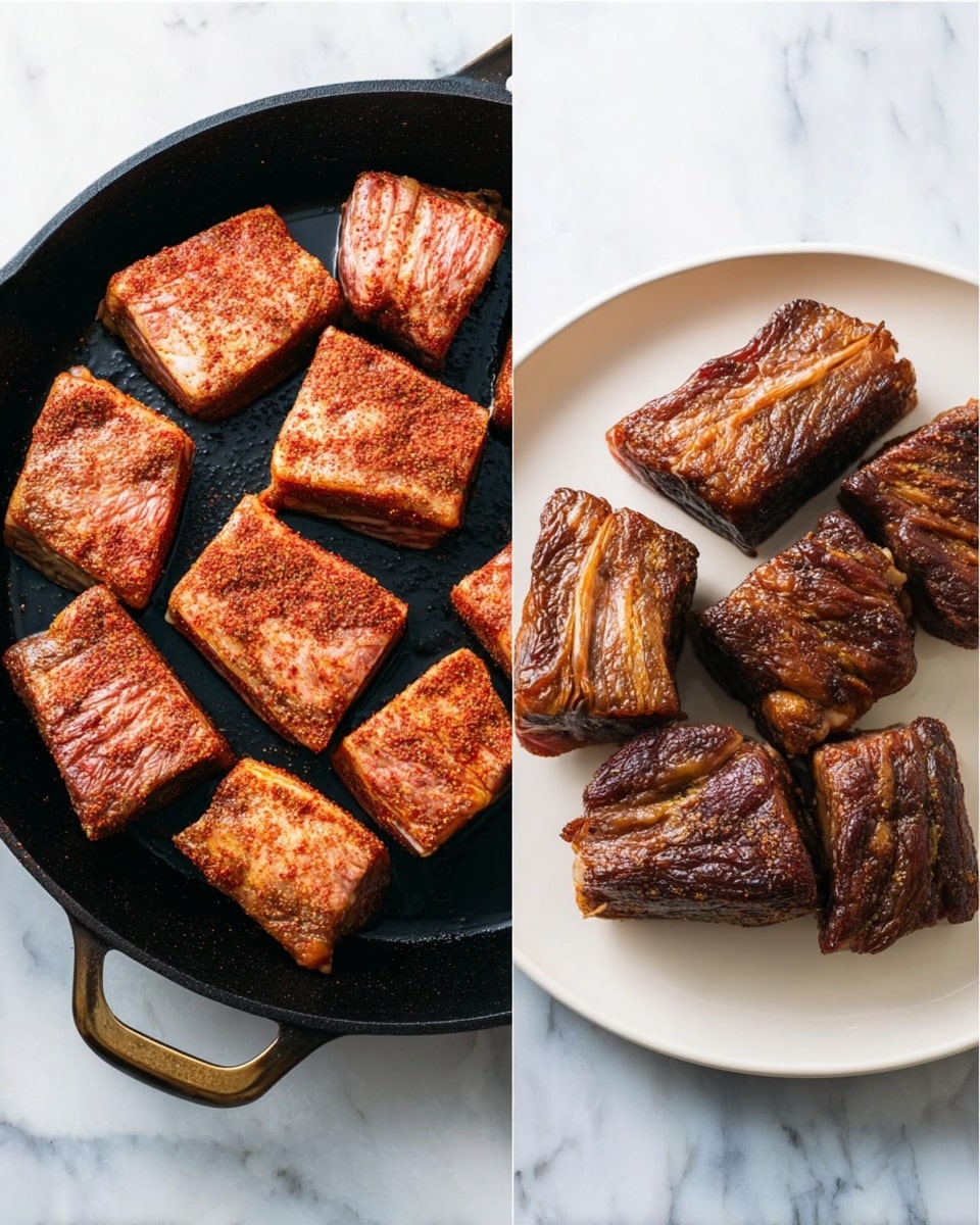 The image shows two side-by-side photos. On the left side, there are seven thick rectangular pieces of raw meat with a reddish-brown spice rub, arranged loosely in a black cast-iron pan. The meat pieces have visible fat layers and a textured, slightly rough surface from the spices. The pan is placed on a white marbled texture surface. On the right side, the same seven pieces of meat are cooked and placed on a white plate. The meat pieces are now darker brown with a shiny, caramelized crust, showing a firmer and more solid texture. The plate is also on a white marbled texture background. photo taken with an iphone --ar 4:5 --v 7