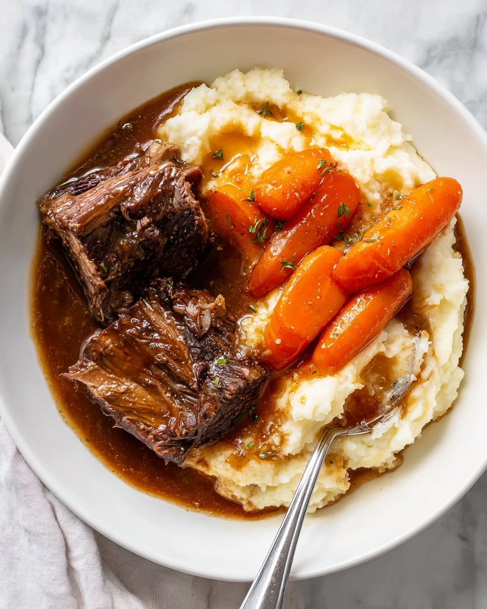 A white bowl contains three main layers: at the bottom, dark brown gravy spreads around, partially covered by a layer of creamy, white mashed potatoes. On top of the mashed potatoes, bright orange cooked carrots are arranged in a line along the upper edge of the bowl. Two pieces of rich brown braised short ribs with visible texture and some shine from the gravy rest on the left side of the bowl. A metal spoon is placed on the right edge, slightly digging into the mashed potatoes. The dish sits on a white marbled surface. Photo taken with an iphone --ar 4:5 --v 7