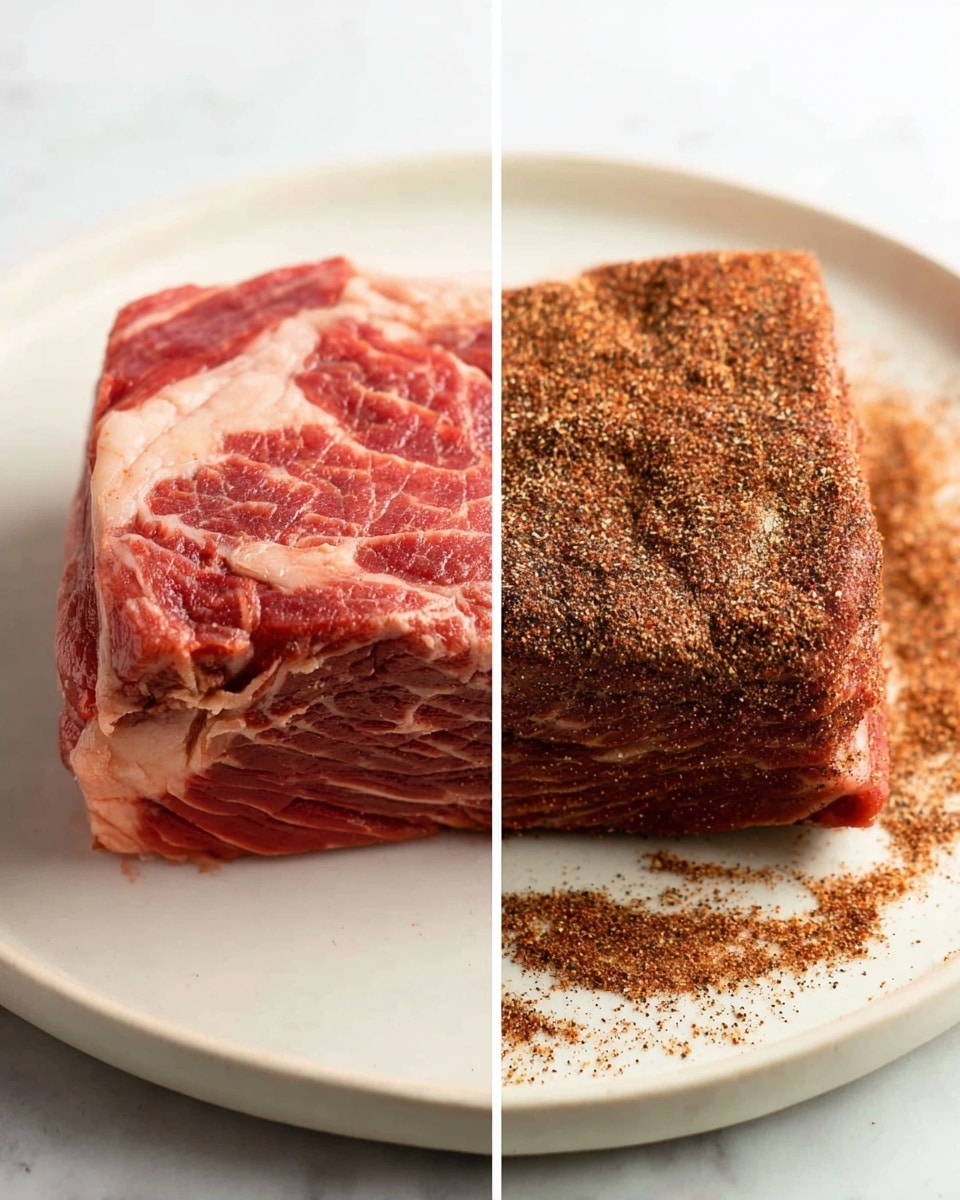 The image shows two side-by-side views of a raw piece of beef on a white plate with a white marbled background. The left side displays the beef as a thick, marbled chunk with visible veins of white fat running through its red meat, giving it a rich texture. The right side shows the same piece of beef fully covered with a dry dark brown spice rub, creating a coarse and grainy layer surrounding the meat, with some excess spice scattered lightly on the plate. photo taken with an iphone --ar 4:5 --v 7