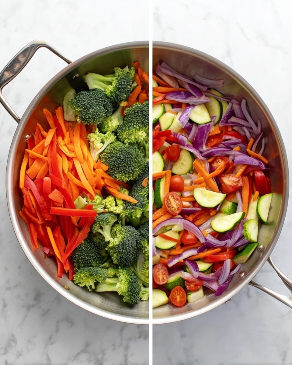 A shiny metal pan sits on a white marbled surface with fresh vegetables inside. On the left side of the image, the pan is filled with four groups of colorful raw vegetables: dark green broccoli florets at the bottom left, long thin carrot sticks in bright orange at the bottom right, thin strips of red bell pepper at the top left, and thin slices of purple onion at the top right. On the right side of the image, the same pan holds the cooked or mixed version of the vegetables with added pieces of light green zucchini and halved small red tomatoes. The vegetables are well mixed, vibrant, and spread evenly throughout the pan. photo taken with an iphone --ar 4:5 --v 7