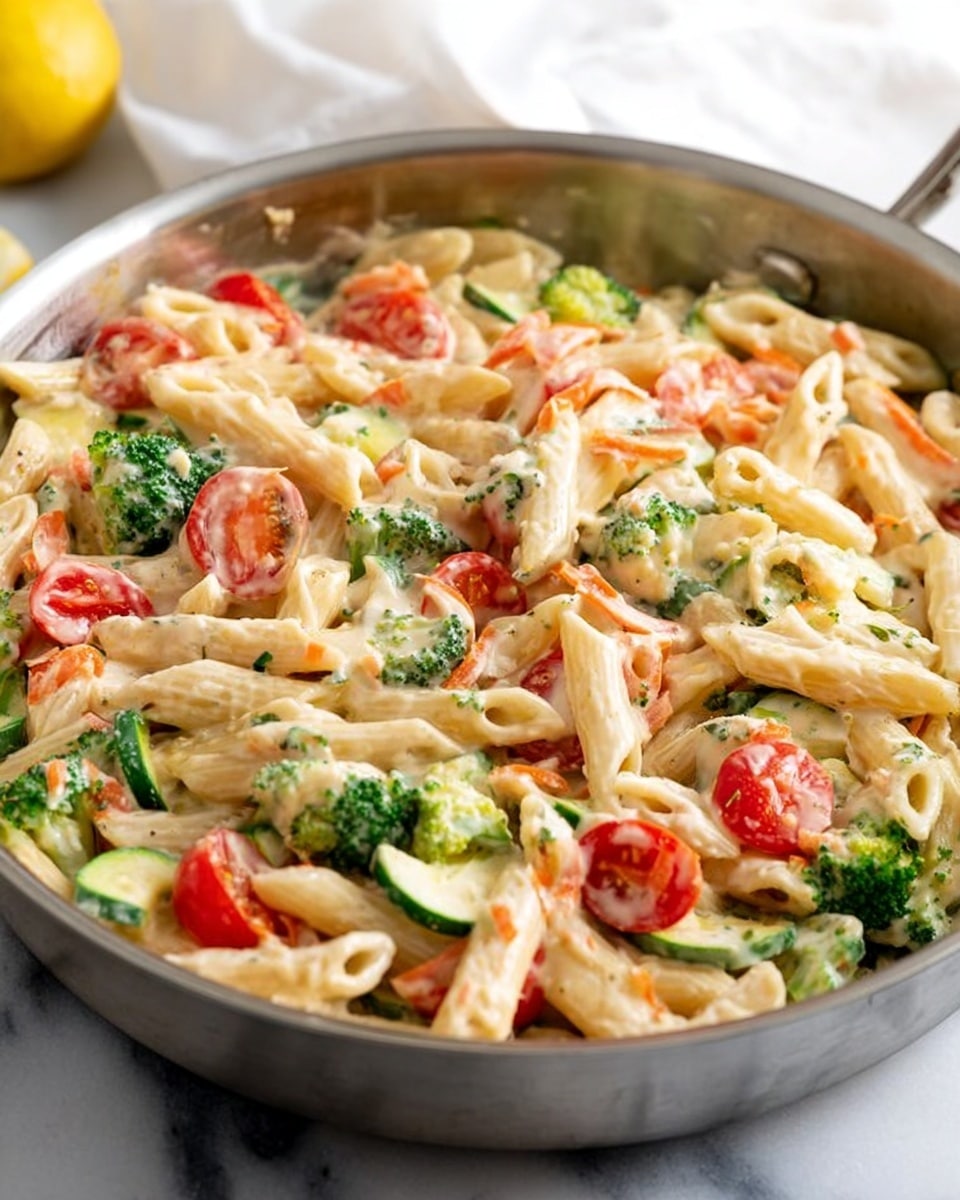 A close-up view of a shiny metal pan filled with cooked penne pasta mixed with a creamy white sauce, bright green broccoli florets, halved red cherry tomatoes, thin slices of green zucchini, and bits of orange carrot. The dish looks creamy with melted cheese spread evenly over the pasta and vegetables. The background is a white marbled texture with a blurred white cloth and part of a lemon visible in the top left corner. photo taken with an iphone --ar 4:5 --v 7