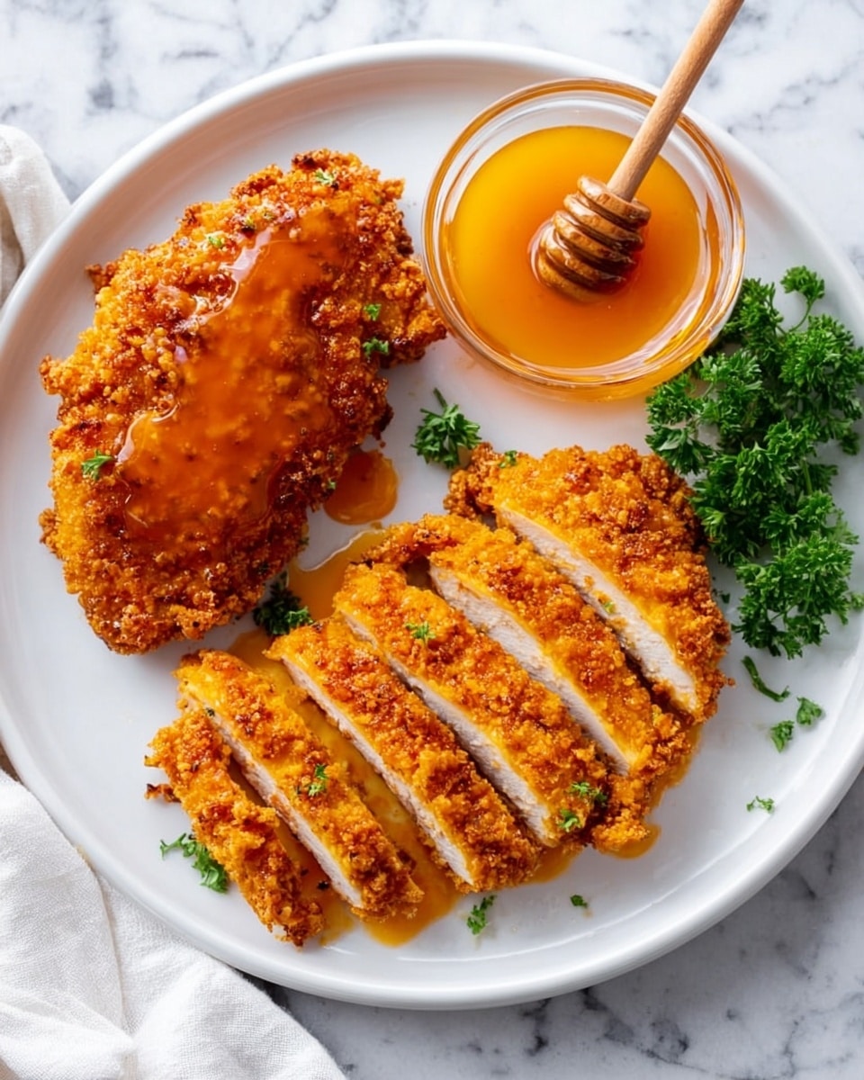 A white plate holds two pieces of golden-brown fried chicken with a crunchy texture; one piece is whole with a thick layer of crispy coating covered with a shiny orange sauce, while the other is sliced into seven pieces showing white inside and the crunchy outer layer with sauce on top. Next to the chicken is a clear glass bowl filled with orange sauce and a wooden honey dipper resting inside. To the right side of the plate, there is a small bunch of green parsley for garnish. The plate sits on a white marbled surface with a white cloth partially visible in the corner. Photo taken with an iphone --ar 4:5 --v 7