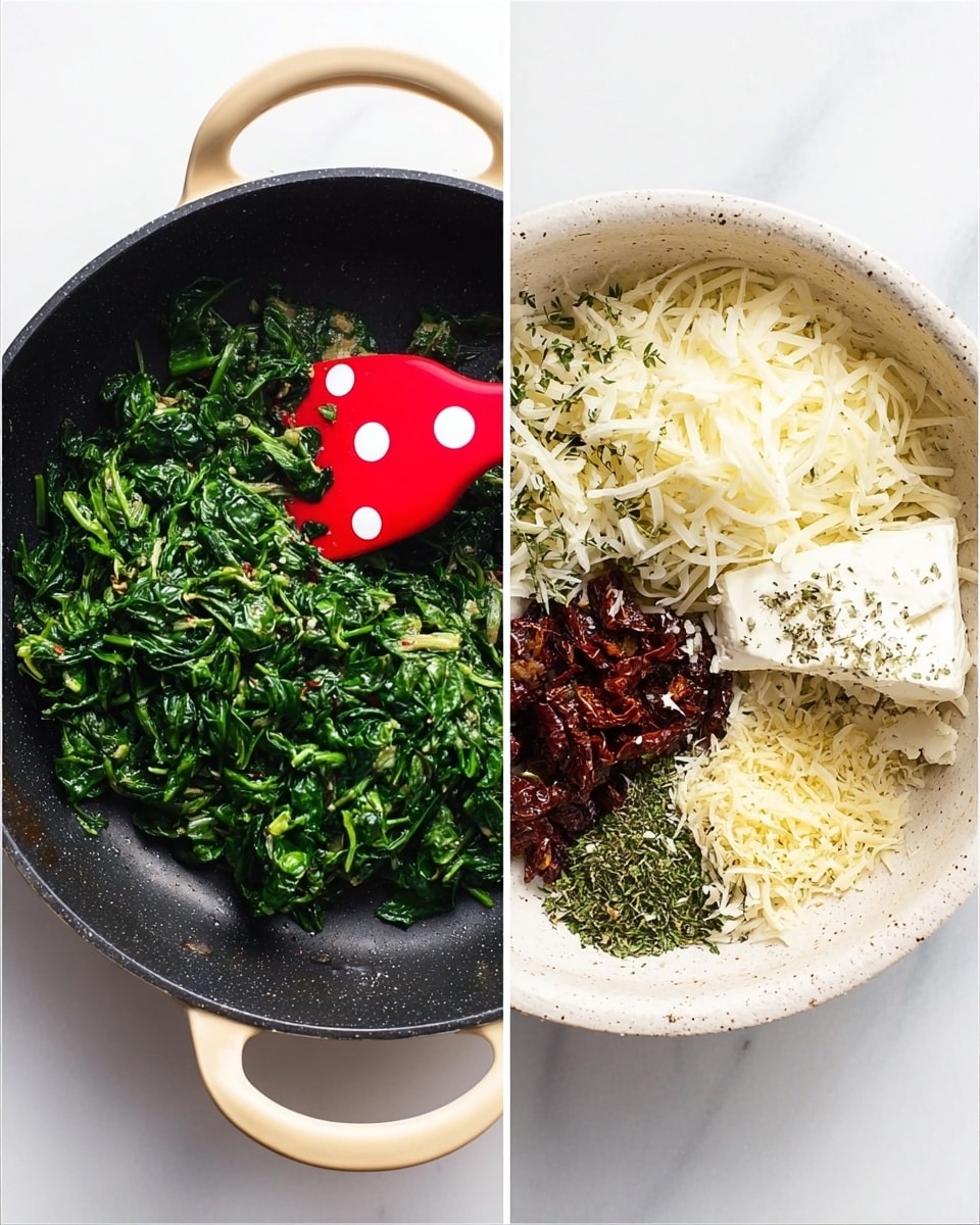 The image on the left shows a black pan with beige handles, containing a small pile of bright green cooked spinach being stirred by a red spatula with large white polka dots. The cooked spinach looks soft and shiny. The image on the right shows a white speckled bowl on a white marbled surface, filled with several separated ingredients: shredded white mozzarella cheese at the top, dark red dried tomatoes to the right, cooked spinach below the tomatoes, a white block of cream cheese with some herbs sprinkled on it to the left of the spinach, dried green herbs above the cream cheese, and a mound of light yellow grated cheese at the bottom. Photo taken with an iphone --ar 4:5 --v 7