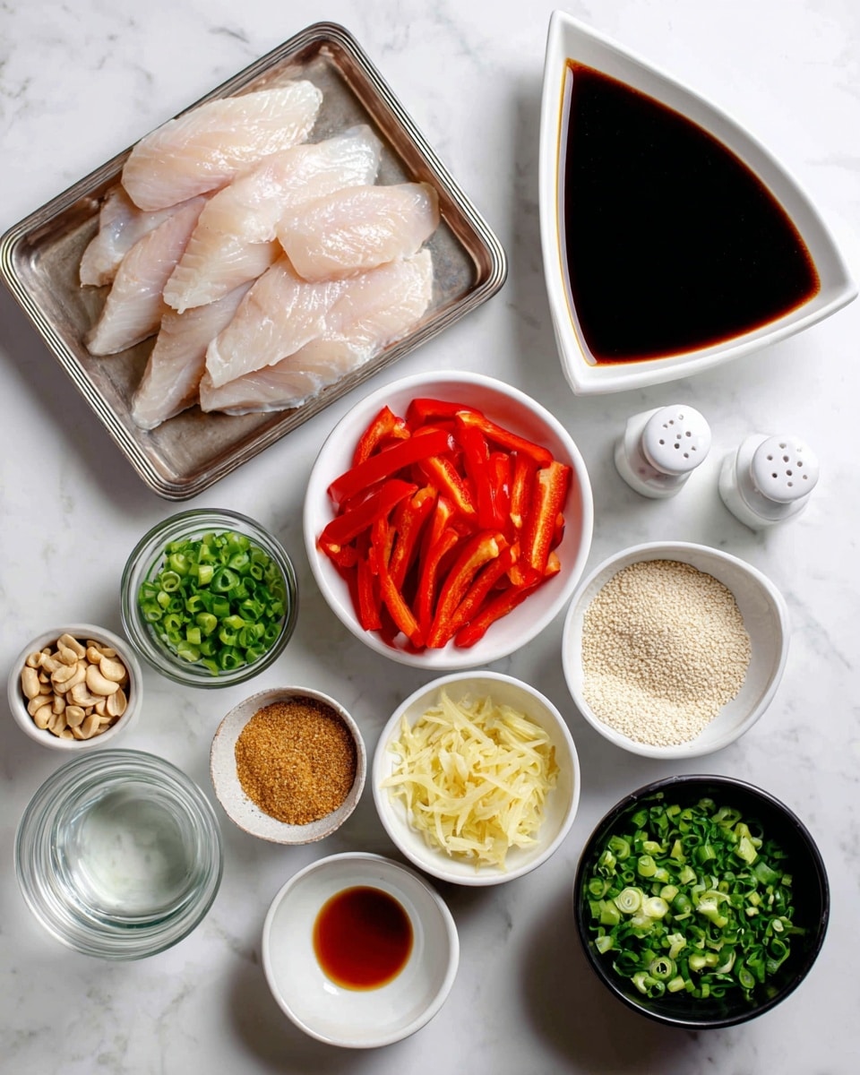 The image shows ingredients arranged on a white marbled surface. On the left, a silver tray holds several pale pink tilapia fillets layered flat. Below it is a white bowl filled with bright red sliced bell peppers. In the center top, a large white triangular bowl contains a dark brown liquid mix of tamarind, soy sauce, and fish sauce. Around it are smaller white bowls holding light yellow julienned ginger, white cornstarch powder, brown sugar, light yellow cooking oil, and a pale beige garlic paste. There is also a small clear cup with white water, a small white bowl of green chopped onions, a small cup of light beige chopped peanuts, a black bowl full of green basil microgreens, and a small white salt shaker with sesame seeds near the tilapia. The elements are neatly spaced and well lit. Photo taken with an iphone --ar 4:5 --v 7