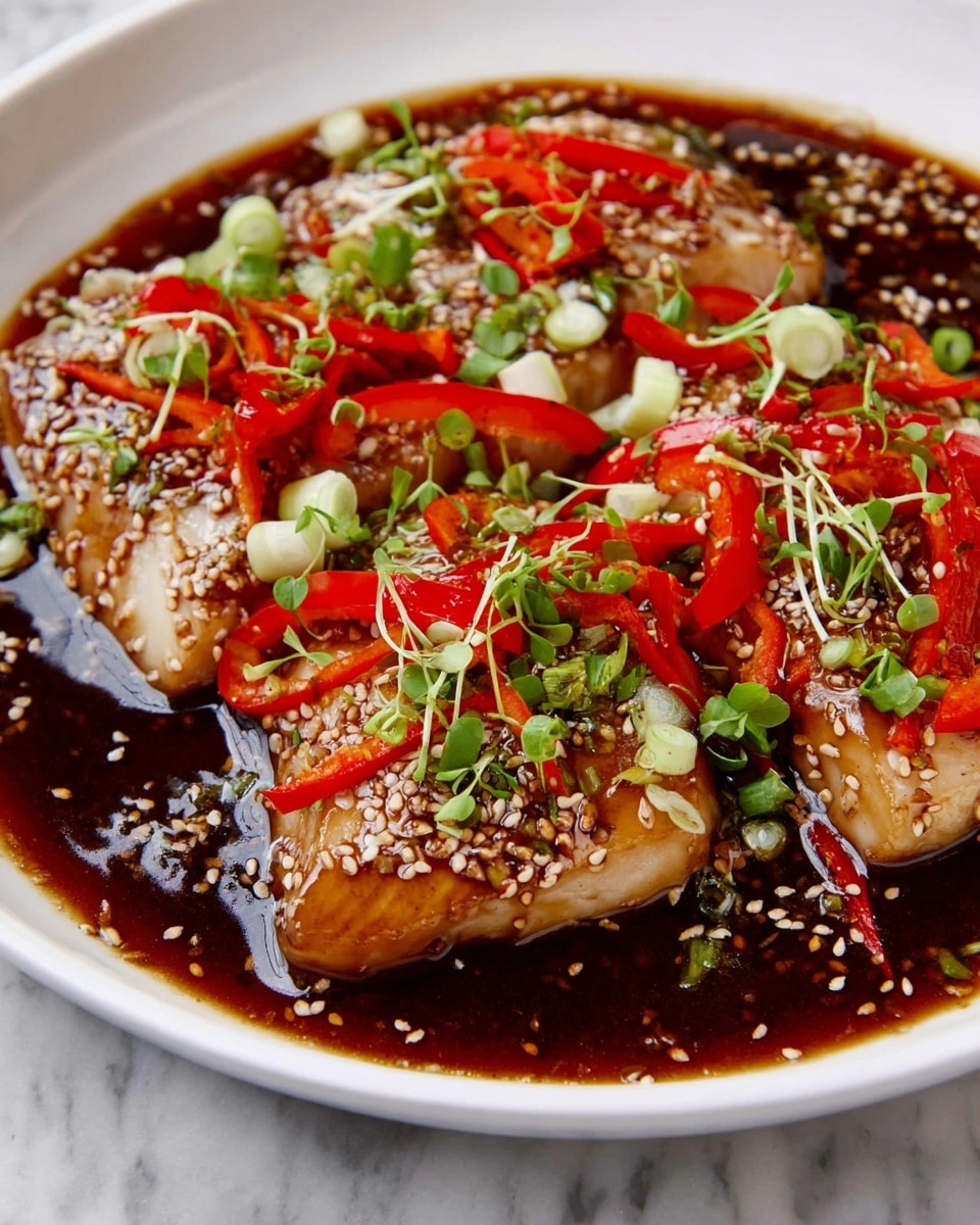 The dish shows three main pieces of cooked fish, covered in a shiny brown sauce that almost fills the white plate. On top of the fish pieces, there are many colorful toppings: thin strips of red bell pepper, small green spring onion slices, white sesame seeds, and tiny green herb leaves scattered around. The sauce looks thick and glossy, pooling around the fish and blending with the fresh vegetables on a white marbled surface. photo taken with an iphone --ar 4:5 --v 7