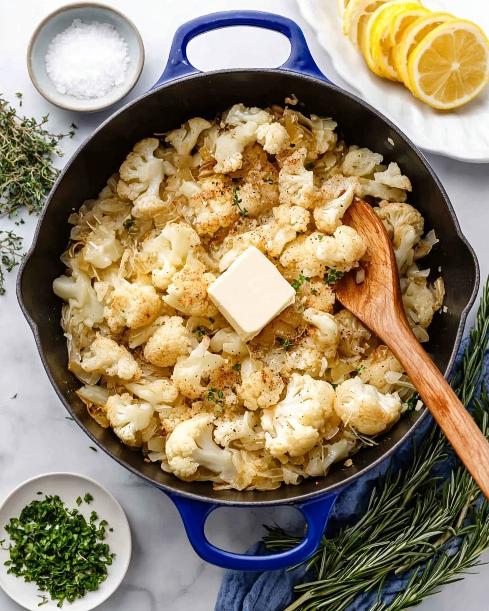 A blue cast iron pan filled with cooked cauliflower pieces that are light golden and tender in texture, with a cube of butter melting in the middle sprinkled with black pepper. A wooden spoon rests on the left side inside the pan. Around the pan, on a white marbled surface, there is a small white bowl full of chopped green herbs near the top left, a white bowl with coarse salt on the top right, a stack of lemon slices on a white plate at the bottom left, and fresh rosemary sprigs on the bottom right. photo taken with an iphone --ar 4:5 --v 7