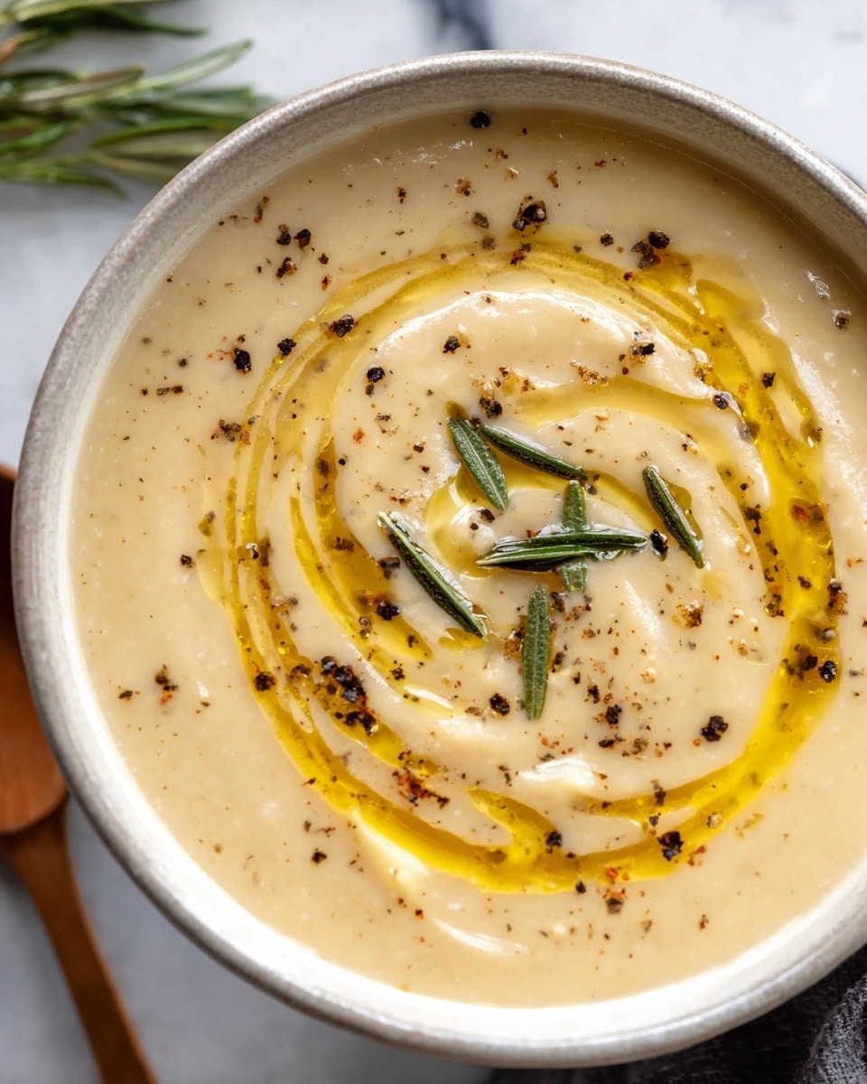 A close-up of a creamy soup in a white bowl showing a smooth light beige base with a swirl of golden olive oil on top. In the center, small pieces of green rosemary leaves are placed, sprinkled with coarse black pepper for texture. The soup surface is shiny and soft, with a few small lumps visible, set against a white marbled background. Photo taken with an iphone --ar 4:5 --v 7