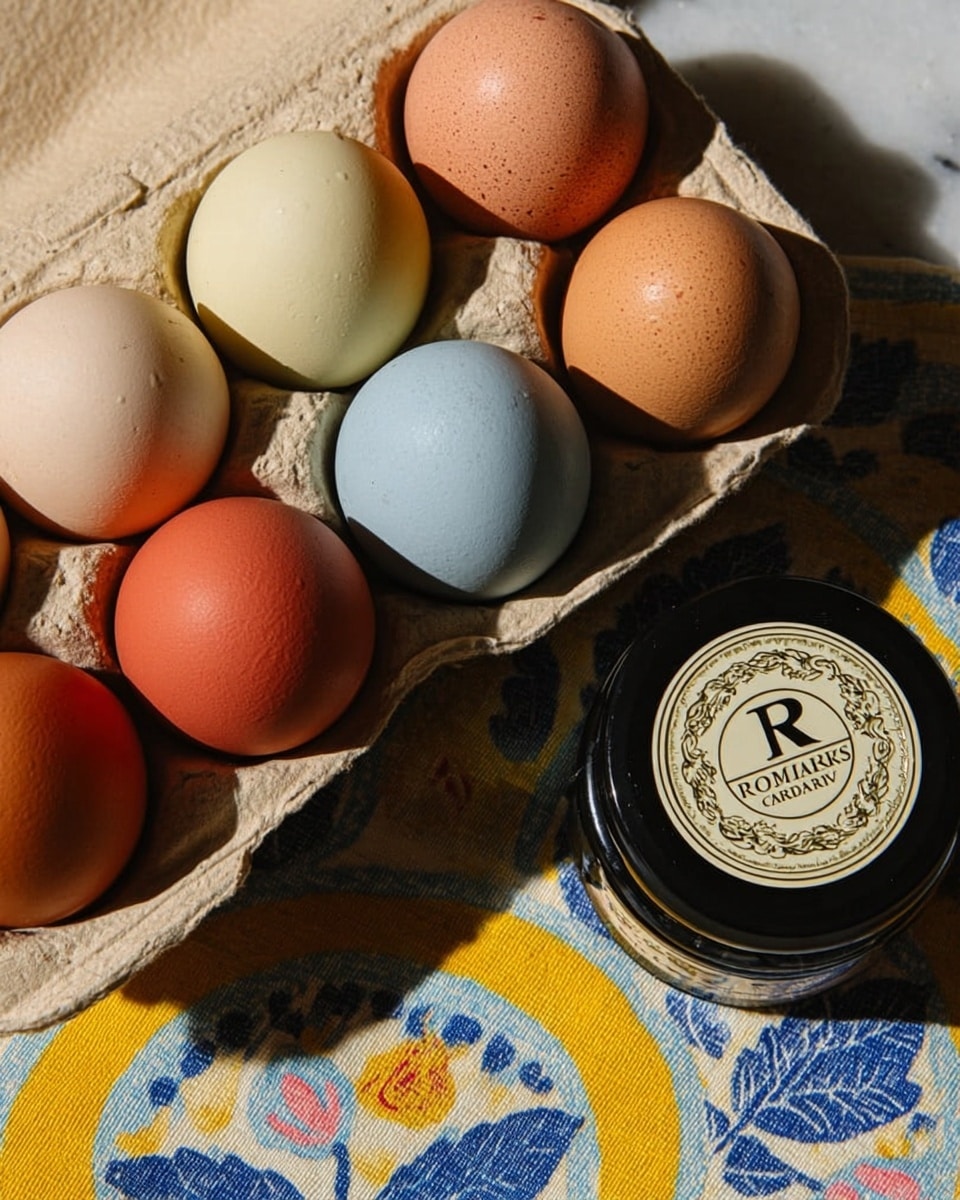 A close-up image shows a cardboard egg carton holding six eggs of different colors on a yellow, blue, and white patterned cloth with floral and leaf designs. The eggs have smooth, matte shells in light brown, cream, tan, light blue, and reddish-brown shades, arranged in two rows. Next to the egg carton is a small round black jar with a gold and white labeled lid that reads