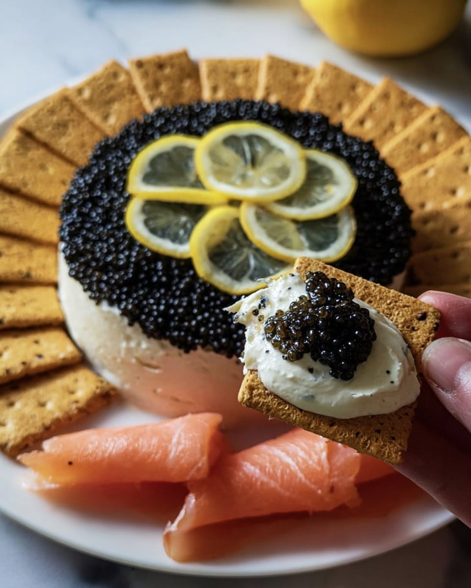 The image shows a white plate with a round dish topped with a thick layer of small black caviar. On top of the caviar are four thin lemon slices arranged in a circle. Around the dish, there is a ring of rectangular light brown crackers giving a crunchy border. In the foreground, a woman's hand holds a single cracker topped with a thick white cream and a generous spoonful of black caviar. At the bottom of the plate, there are light pink rolled slices of smoked salmon. The scene is set on a white marbled surface. photo taken with an iphone --ar 4:5 --v 7