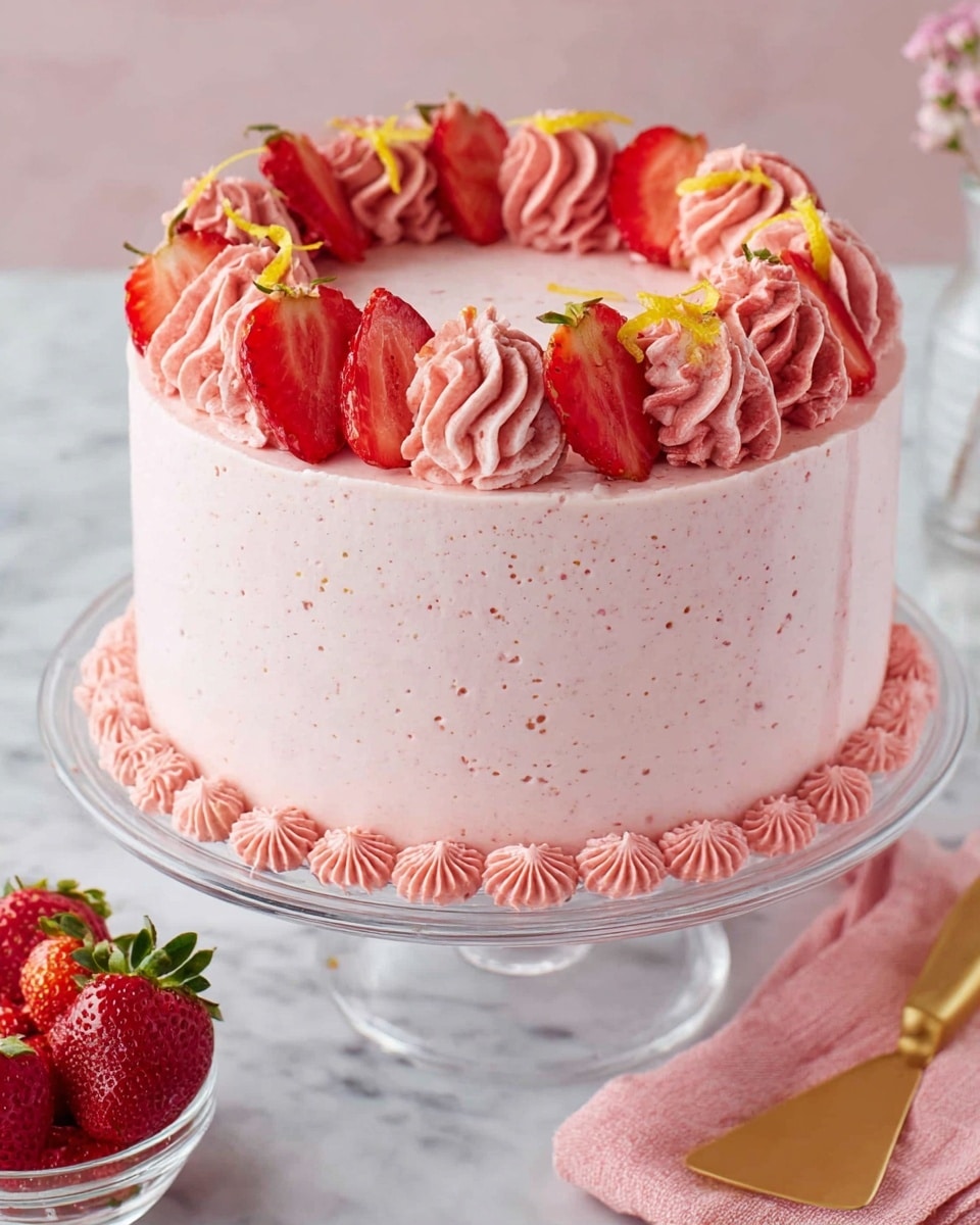 A tall, round cake covered in smooth, light pink frosting with tiny specks, sitting on a clear glass cake stand over a white marbled surface. Around the base of the cake is a border of small, star-shaped pink frosting dollops. The top edge features a thick ring of large, twisted pink frosting swirls in a darker shade, inside of which is an arrangement of fresh, sliced strawberries in bright red, with some pieces standing up and others lying flat, garnished with thin yellow lemon zest strips. A pink cloth napkin and a golden spatula are nearby next to a small clear bowl filled with whole strawberries. Photo taken with an iphone --ar 4:5 --v 7