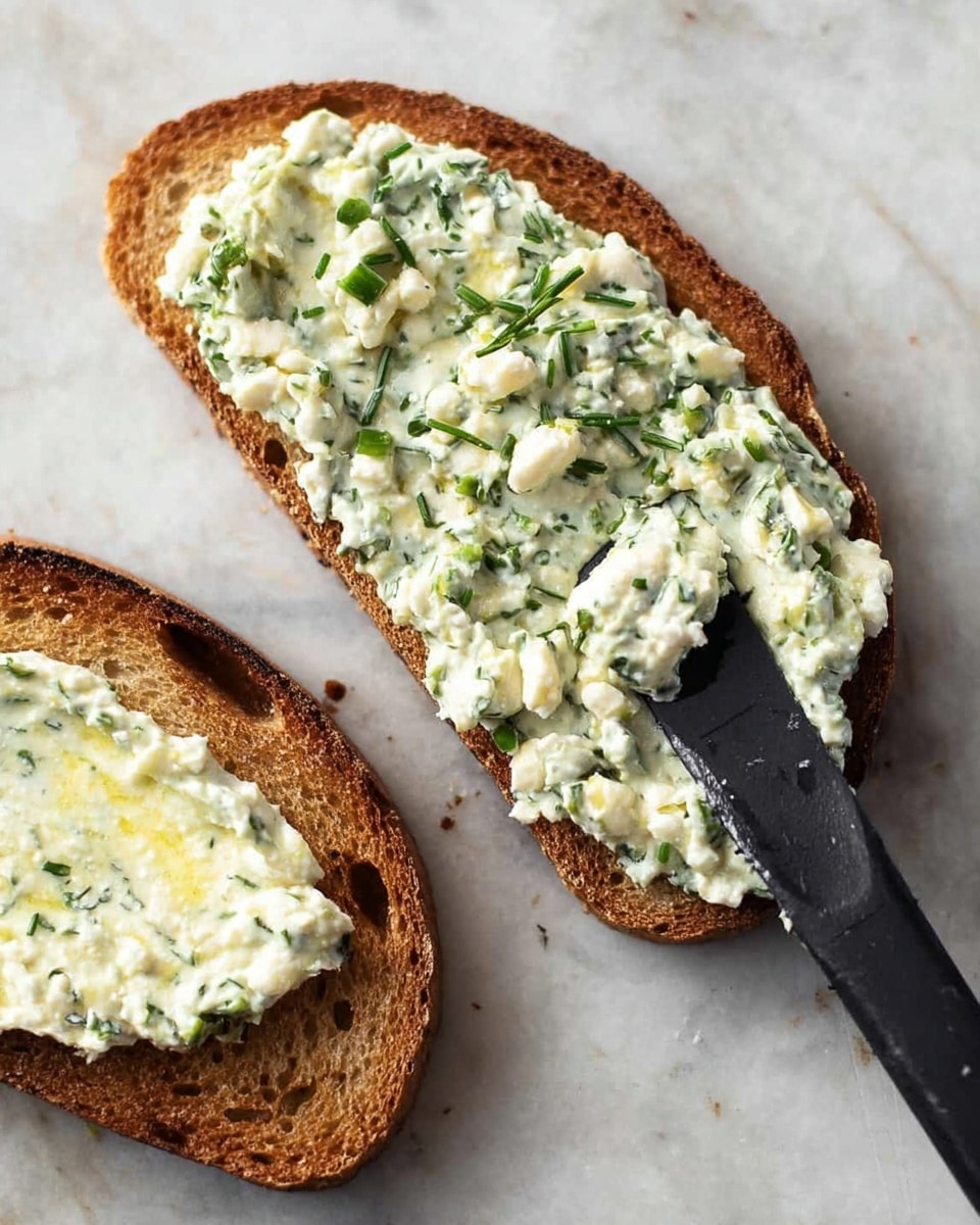 Two slices of toasted brown bread are placed on a white marbled surface. One slice is partially covered with a creamy, pale green spread that has small white curds and green herb bits mixed throughout, giving it a chunky texture. A black spatula is spreading the topping on the bottom slice of bread. The top slice of bread has a thin layer of the same spread near its edge, showing the coarse, toasted texture of the bread beneath. photo taken with an iphone --ar 4:5 --v 7