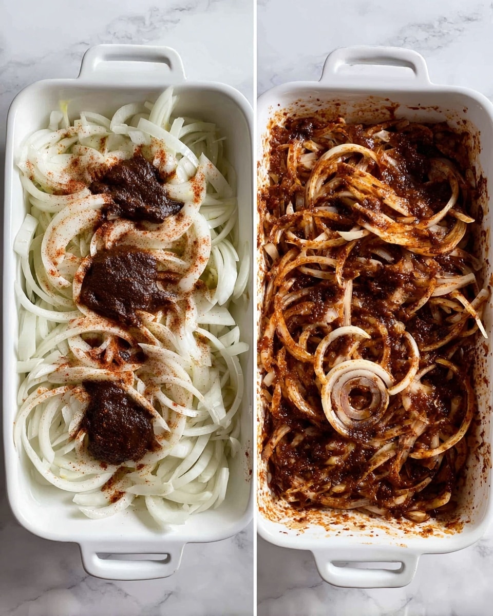 The image shows two white ceramic baking dishes side by side on a white marbled surface. The left dish contains thinly sliced white onions arranged in loose layers across the bottom, topped with a dark brown paste in the middle and sprinkled with reddish-brown spices and a drizzle of thick dark sauce scattered over the onions. The right dish shows the onion slices now mixed with the dark paste and spices, coating the onions evenly in a rich reddish-brown color, with a single whole onion ring, brush-stroked with the dark paste, visible on top near the center. The texture of the onions is soft but still defined. Photo taken with an iphone --ar 4:5 --v 7