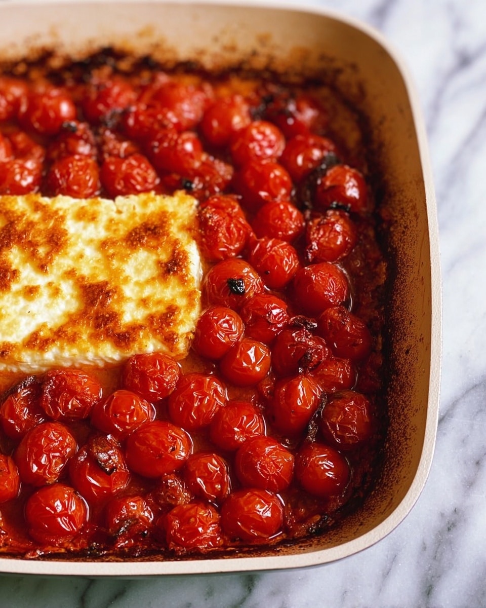A close-up view of a white pan filled with cooked small cherry tomatoes that are soft and shriveled, forming a textured red layer around a central block of golden brown baked cheese with a slightly crispy exterior. The edges of the pan show some dark brown caramelized spots, adding to the rustic look. The background features a white marbled surface. photo taken with an iphone --ar 4:5 --v 7
