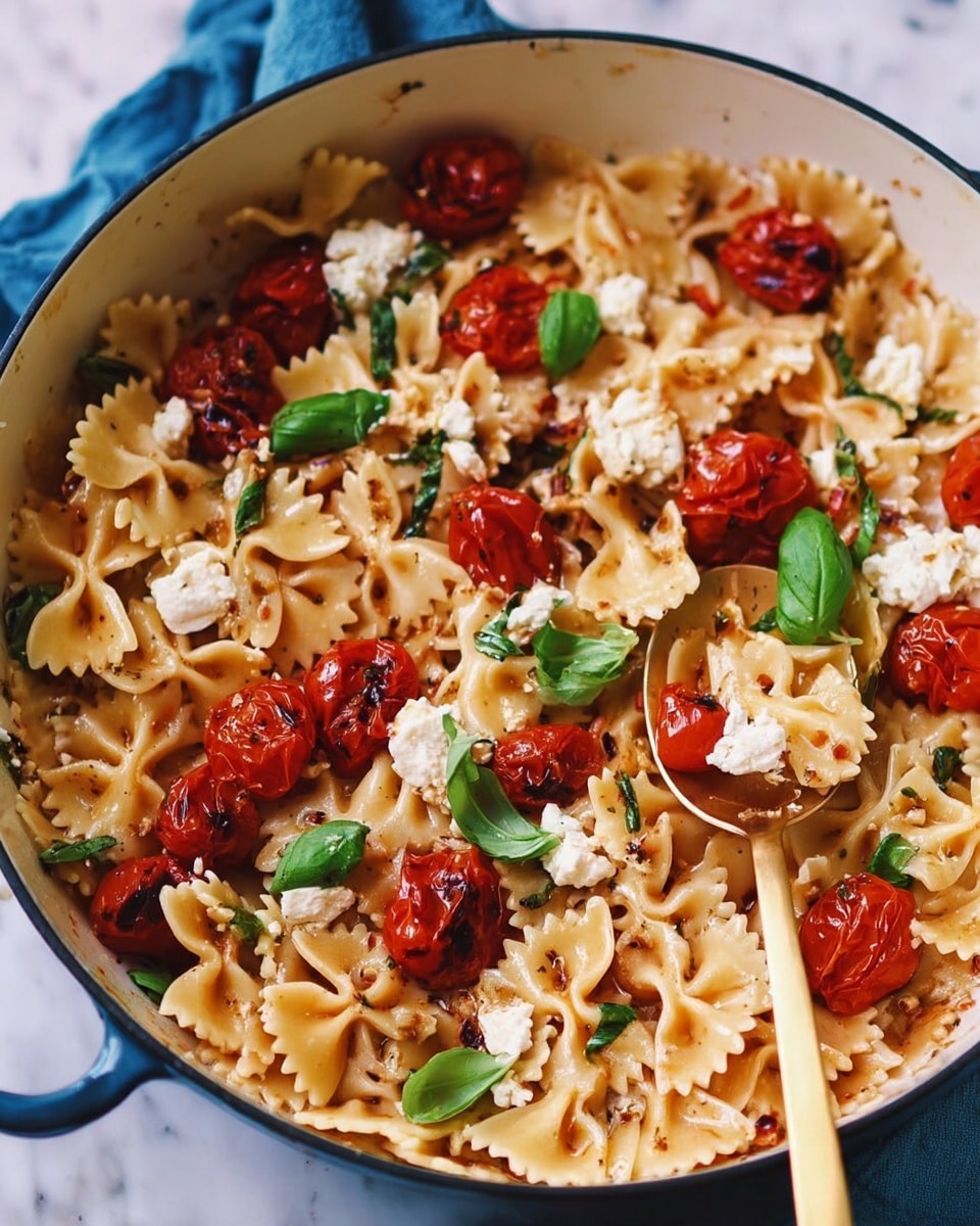 The image shows a close-up of a white pan filled with farfalle pasta, with each bow-tie shape having a light beige color and a slightly firm texture. Scattered across the pasta are bright red roasted cherry tomatoes, some whole and some slightly wrinkled, giving a juicy, tender feel. There are also small clumps of white creamy cheese placed evenly around the pan, contrasting with the pasta and tomatoes. Fresh green basil leaves are sprinkled on top, adding a fresh and vibrant touch. A golden spoon is resting on the side of the pan. The pan is on a white marbled surface, with a blue cloth partially visible near the edges. photo taken with an iphone --ar 4:5 --v 7