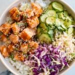 Salmon Rice Bowl with Spicy Sriracha Mayo and Asian Cabbage Slaw Recipe