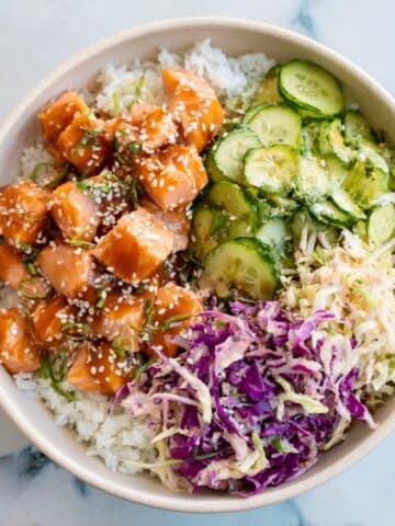 Salmon Rice Bowl with Spicy Sriracha Mayo and Asian Cabbage Slaw Recipe