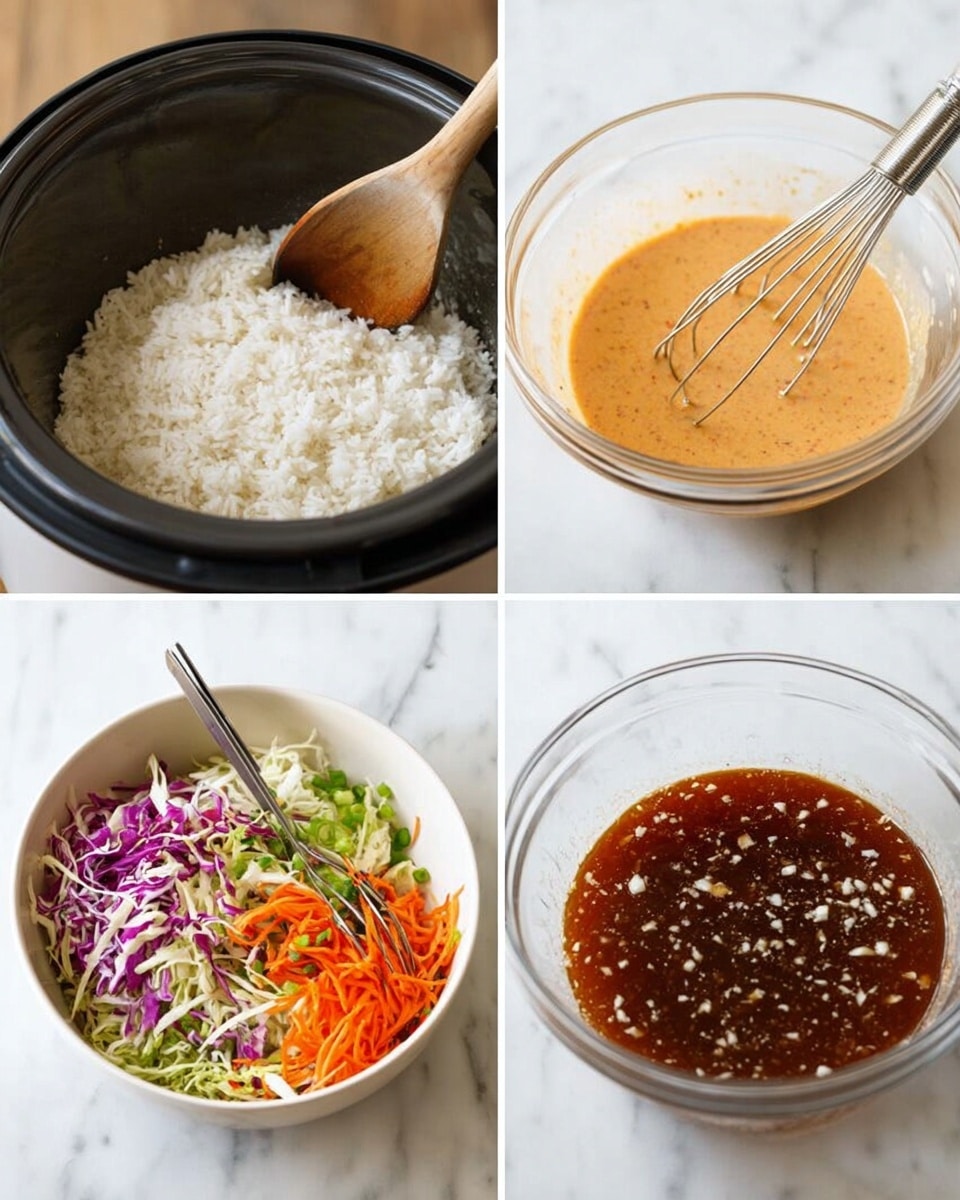 The image shows four photos of food preparation. The top left picture has a close-up of cooked white rice inside a black rice cooker bowl, with a wooden spoon stirring the rice. The top right shot shows a glass bowl holding a creamy orange sauce, with a metal whisk mixing it on a white marbled surface. The bottom left image shows a white bowl filled with a colorful mix of shredded purple cabbage, green cabbage, orange carrot strips, and chopped green onions, with silver tongs in the bowl on a white marbled surface. The bottom right picture is a glass bowl on a white marbled surface, filled with a dark brown sauce that has small white bits, and a metal whisk inside. photo taken with an iphone --ar 4:5 --v 7