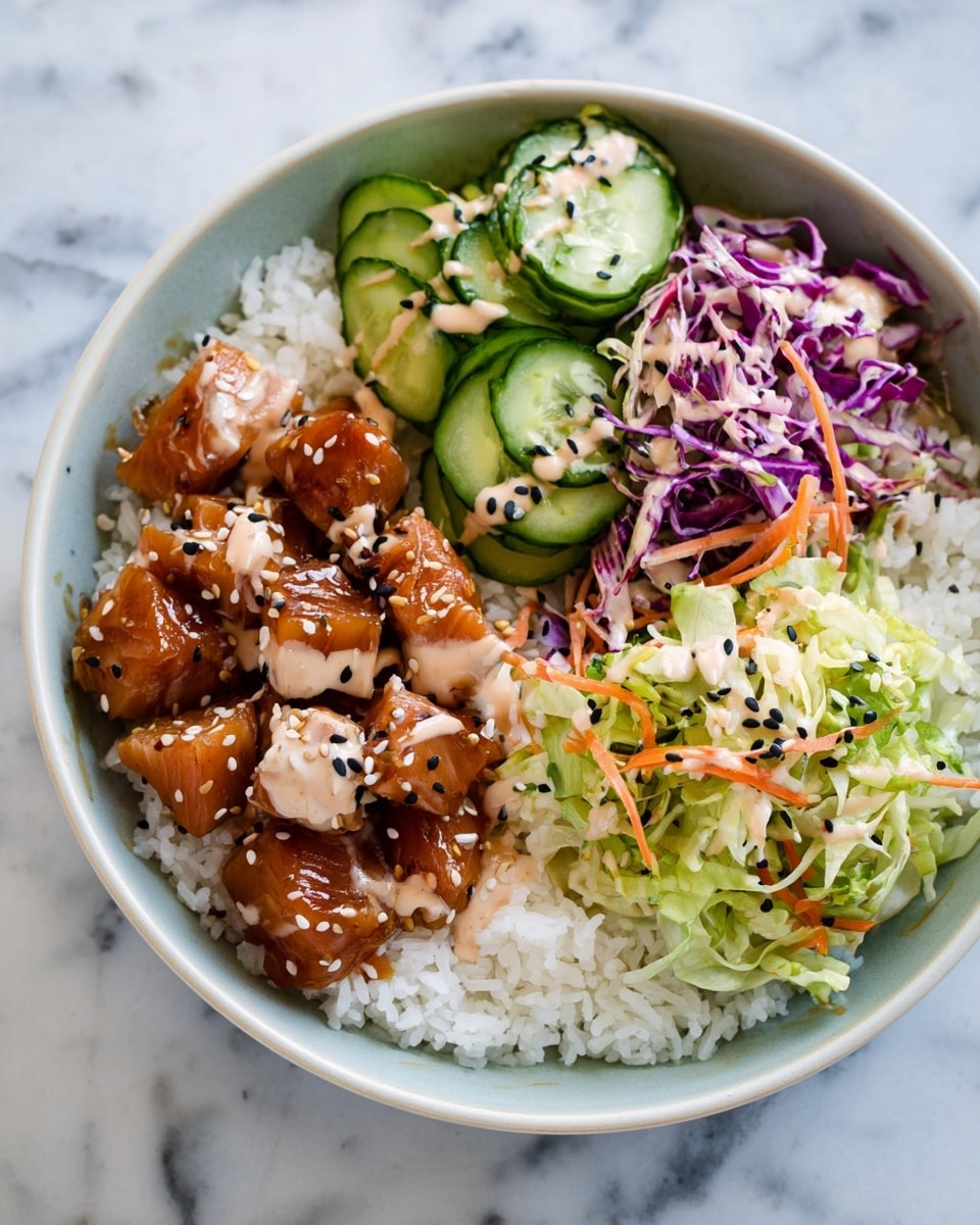 A bowl with four main layers is shown on a white marbled surface. The base layer is fluffy white rice covering the whole bowl. On one side, there are shiny brown pieces of marinated fish with a glossy texture. Next to it, slices of fresh light green cucumber lie neatly. Beside the cucumber is a mix of thinly shredded purple cabbage, green cabbage, and some orange carrot strands, all topped with a light drizzle of creamy sauce and sprinkled with black and white sesame seeds. The bowl is white, and the colors of the food stand out clearly against it. photo taken with an iphone --ar 4:5 --v 7