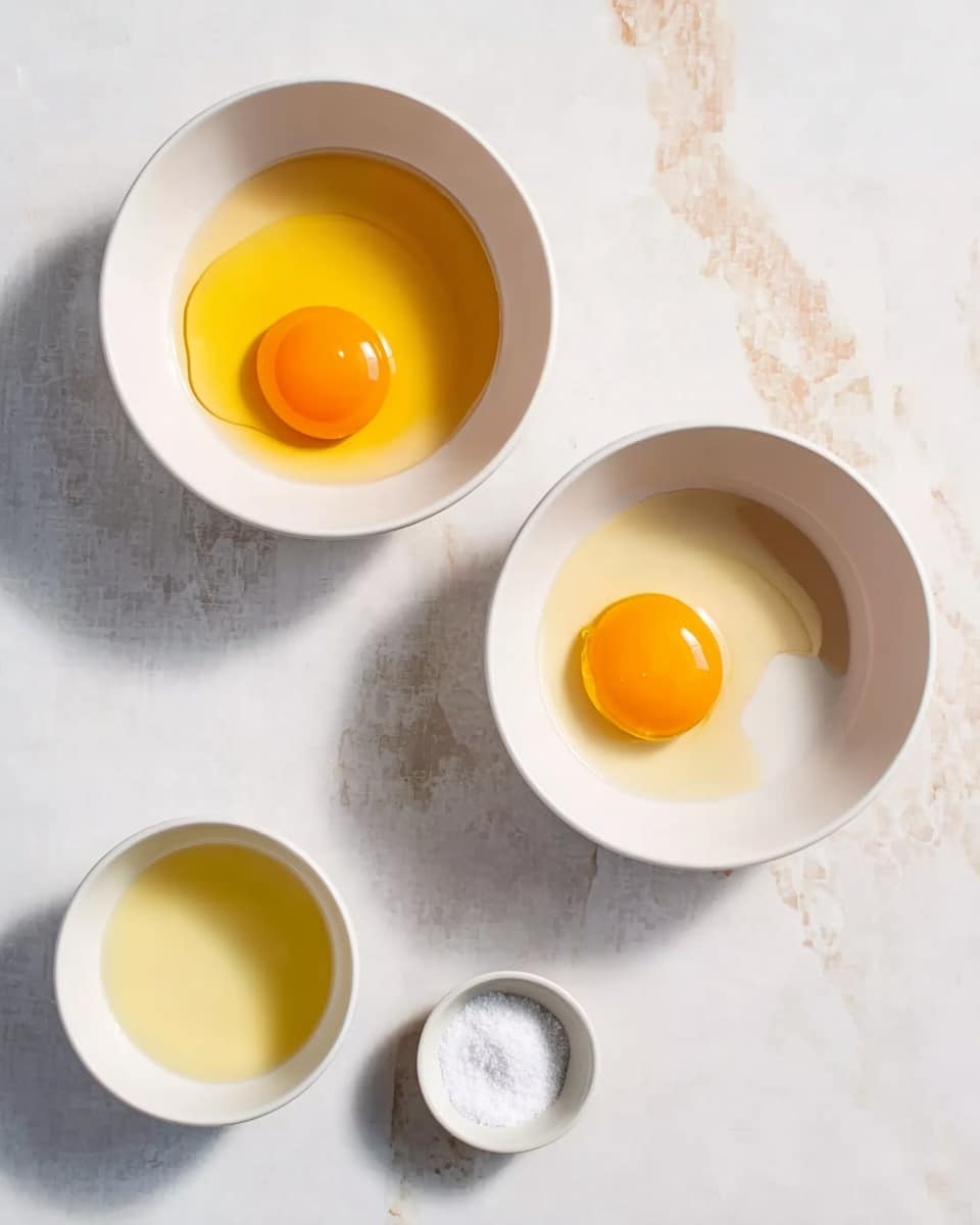 The image shows four white bowls placed on a white marbled surface. Two larger bowls each hold a single bright orange egg yolk with clear egg white around it. A smaller bowl contains a pale yellow liquid, likely oil or melted butter, and the smallest bowl holds a small amount of white powder, possibly salt or sugar. The bowls are evenly spaced, and the lighting highlights the glossy texture of the yolks and the smooth surfaces of the bowls. photo taken with an iphone --ar 4:5 --v 7