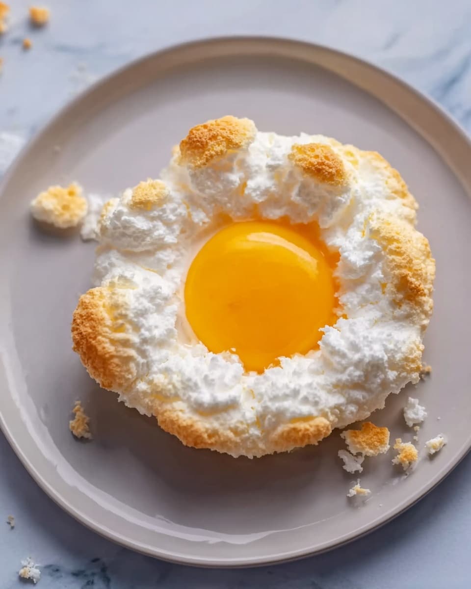 The image shows a close-up of a single cloud egg on a plain white plate set on a white marbled surface. The egg has two main layers: the bottom layer is fluffy white whipped egg whites that are baked to a light golden brown on the edges, giving a soft and airy texture with some slightly crispy spots. In the middle of the whipped whites is the bright yellow egg yolk, sitting smooth and slightly shiny, creating a nice contrast with the fluffy white base. There are small crumbs and bits of baked egg white scattered around the egg on the plate. Photo taken with an iphone --ar 4:5 --v 7