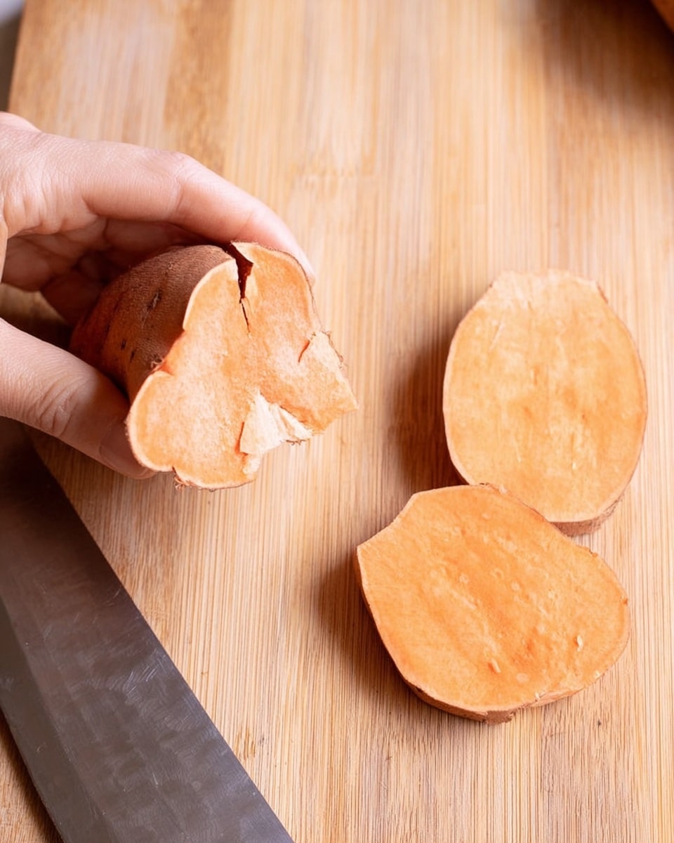A woman's hand holds a small piece of peeled sweet potato with light orange flesh and brownish skin on one side. Next to it on a wooden cutting board are two thin, flat slices of sweet potato, showing smooth textures and light orange color. A large knife with a shiny silver blade lies close by on the left side. The scene is focused on the peeling process with a natural warm tone. Photo taken with an iphone --ar 4:5 --v 7