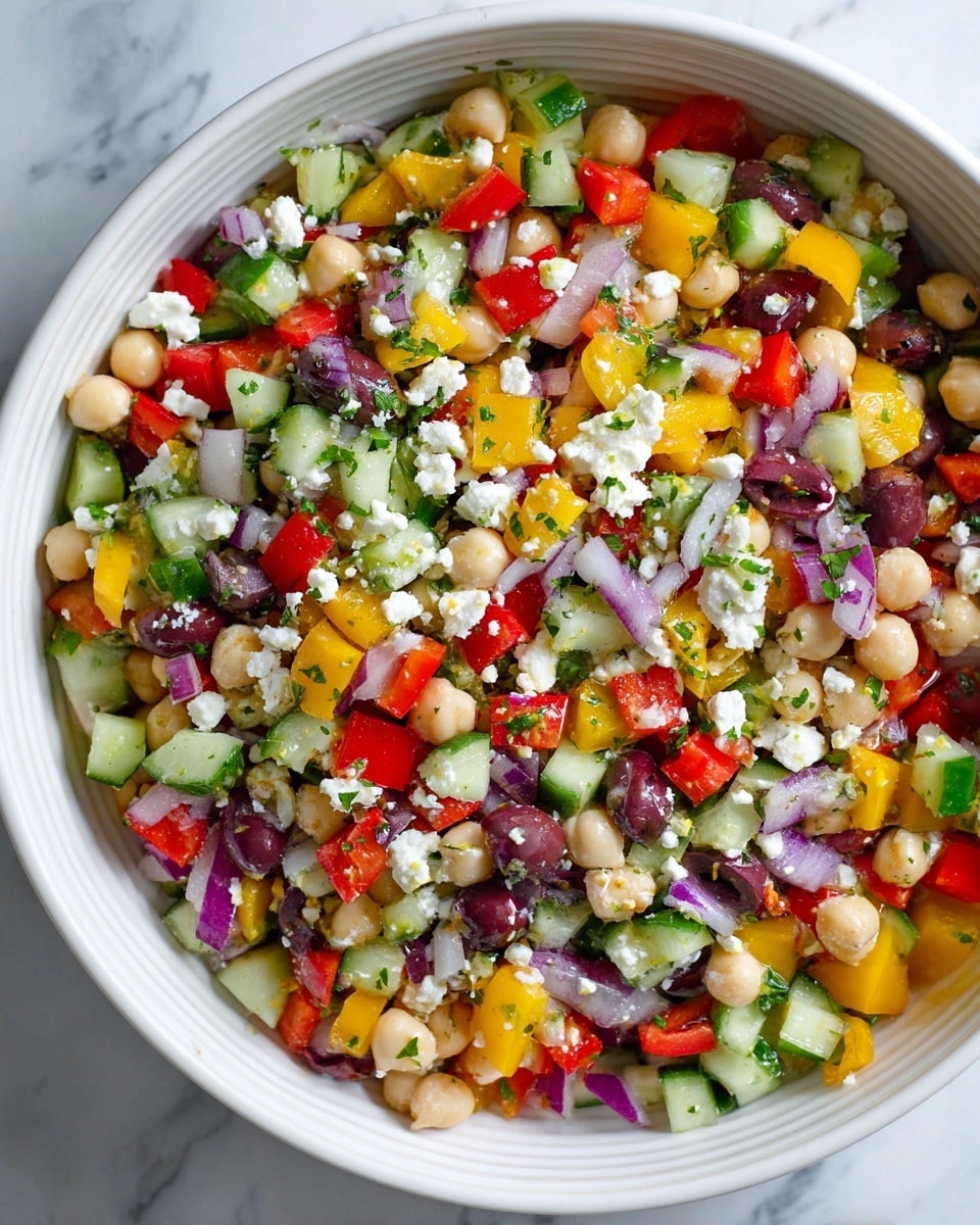 A white bowl filled with a colorful bean salad made of layers of diced cucumbers in green, red bell peppers in bright red, yellow bell peppers in yellow, chopped red onions in purple, whole chickpeas in light beige, white beans, and sliced dark purple olives, all mixed together and topped with small pieces of white cheese and green herbs, all resting on a white marbled surface photo taken with an iphone --ar 4:5 --v 7
