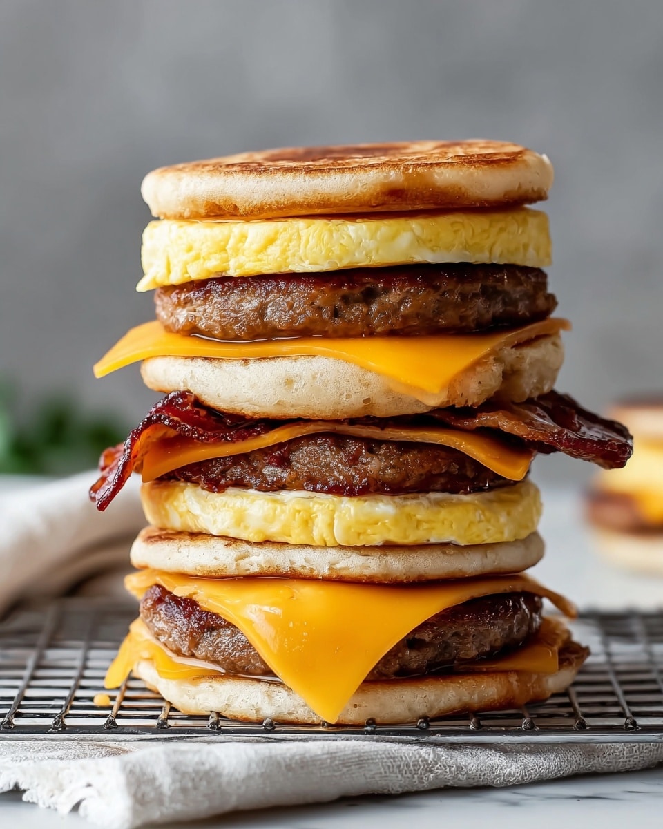 The image shows a tall breakfast sandwich with six layers. From the bottom up, the first layer is a golden brown English muffin with a slightly toasted look. On top of this, there is a slice of melted bright orange cheese, followed by a thick, browned sausage patty. Above the sausage is a fluffy, folded yellow egg layer, topped by crispy, dark brown bacon strips. This sequence repeats with another English muffin, melted cheese, sausage, folded egg, bacon strips, and finally topped with the last English muffin. The sandwich sits on a wire rack over a white cloth on a white marbled surface, with a blurred background. photo taken with an iphone --ar 4:5 --v 7