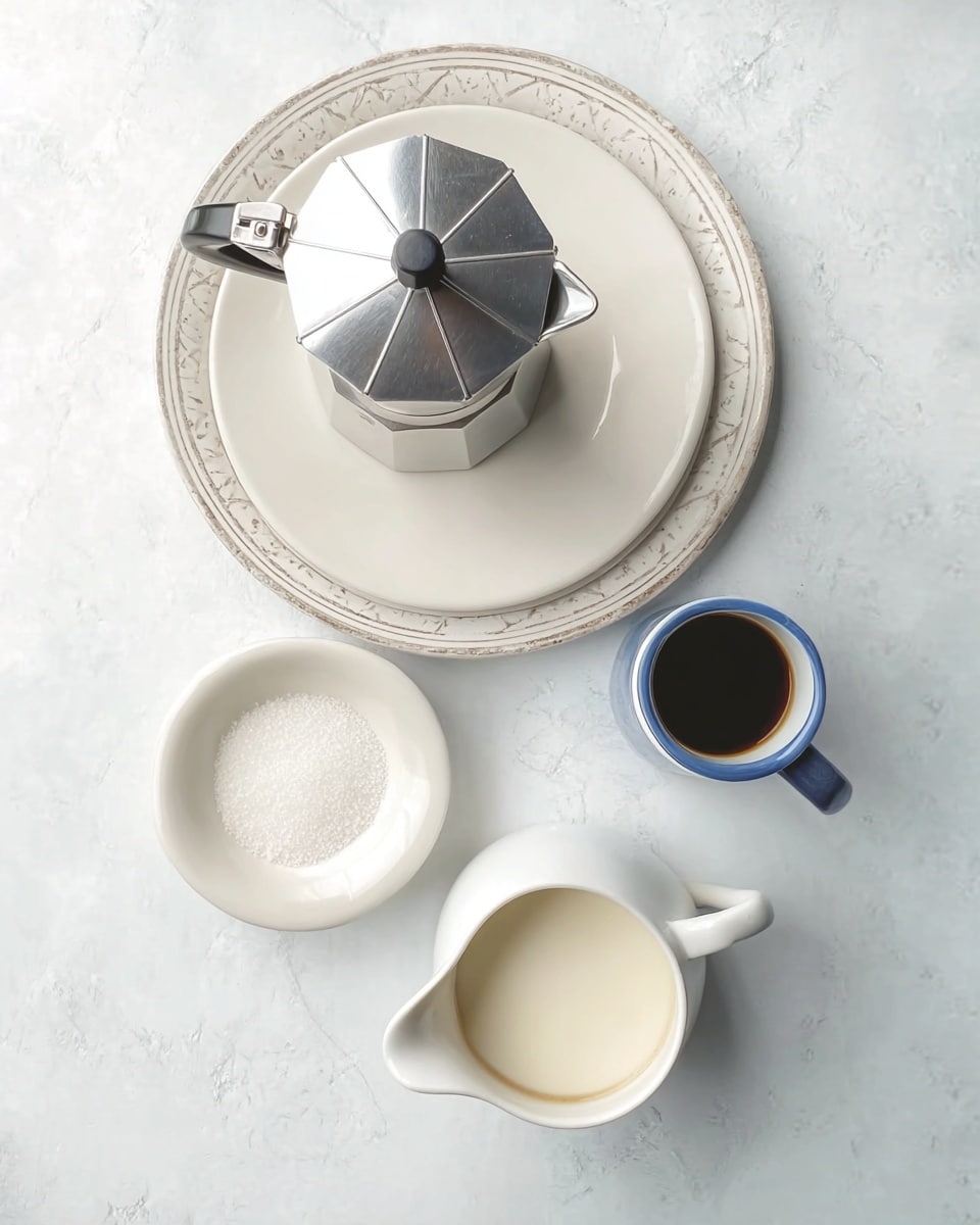 A top view of a stainless steel Italian coffee maker placed upside down on a white plate with a decorative rim, all set on a white marbled surface. Below it, there is a small white bowl filled with white granulated sugar, a white ceramic cup with cream, a small white pitcher with dark coffee, and a white jug with a blue handle containing milk, all neatly spaced in a soft natural light. photo taken with an iphone --ar 4:5 --v 7