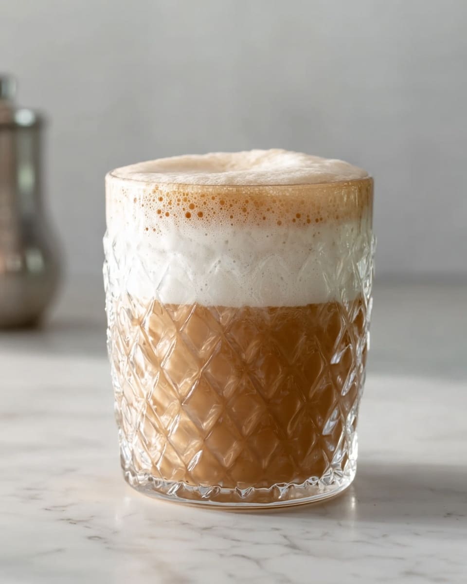 A clear textured glass with a diamond pattern holds a three-layered drink on a white marbled surface. The bottom layer is a medium brown liquid filling most of the glass. Above it is a thick white creamy layer covering the brown layer almost to the rim. The top layer is light brown foam that spills slightly over the glass edge, showing a bubbly texture. The scene is softly lit with a blurred white marbled background. photo taken with an iphone --ar 4:5 --v 7