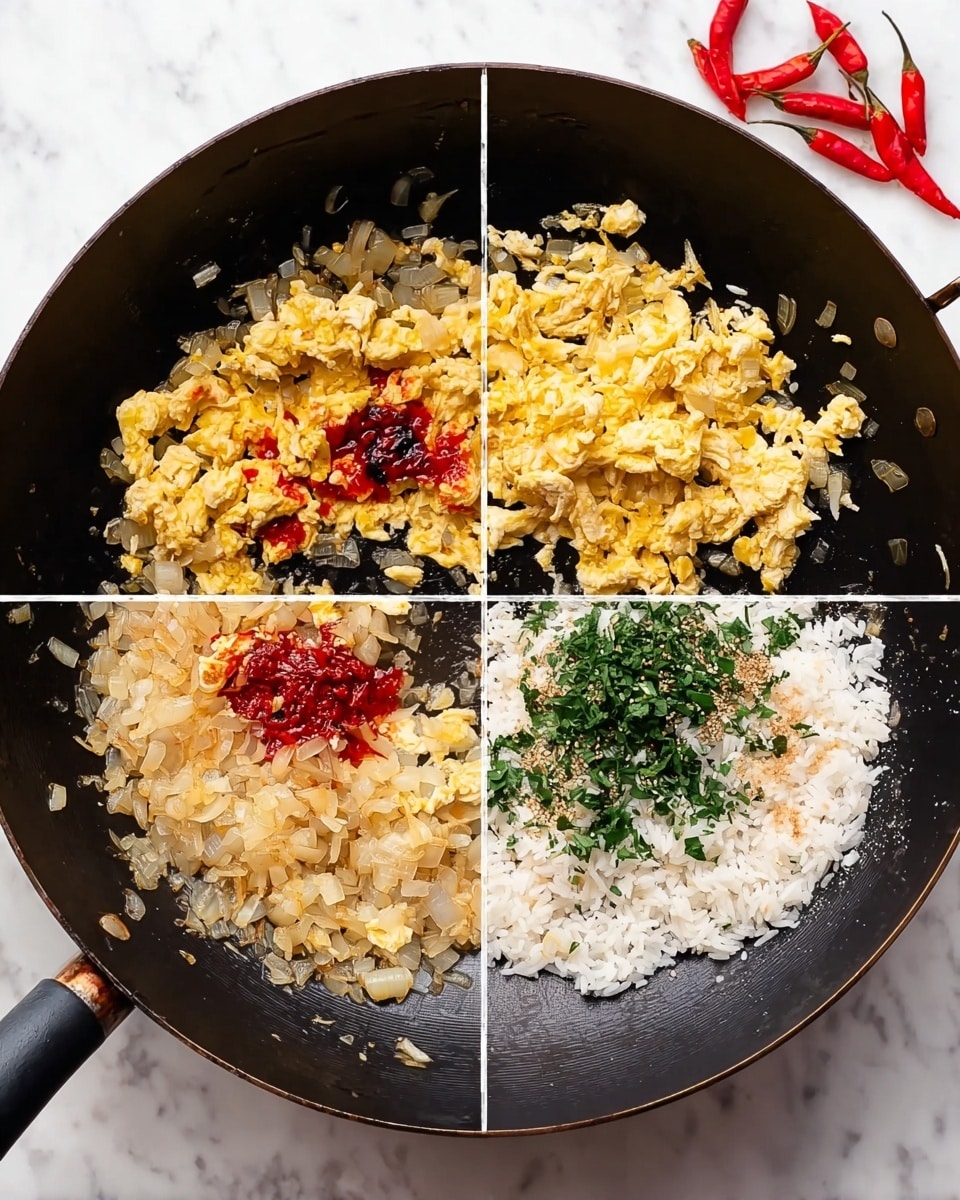 The image shows four cooking stages in a black wok on a white marbled surface with red chili peppers nearby. The first stage has light golden chopped onions spread thinly at the bottom of the pan. The second stage shows soft scrambled eggs mixed with onions, light yellow and creamy in texture, scattered in the pan. The third stage adds cooked white rice on top of the scrambled eggs and onions, with some red chili paste or sauce visible in the center. The fourth stage adds fresh green herbs and white granulated seasoning on top of the rice and chili mixture, creating a colorful contrast of white, green, and red in the pan. Photo taken with an iphone --ar 4:5 --v 7