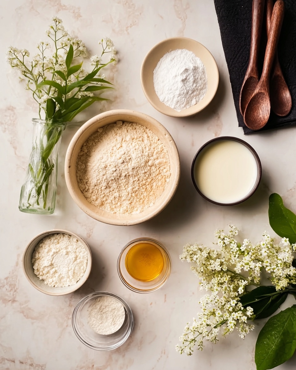 The image shows a top view of baking ingredients arranged on a white marbled surface. There are four beige bowls: the largest bowl in the center holds light brown flour, the bowl above it contains white powdered sugar, the bowl to the right has white liquid milk, and a smaller bowl below the milk holds a golden syrup-like liquid. Below the bowls are three small clear glass bowls containing white powders with different textures. On the left side, a clear glass vase with green leaves and white flowers adds a fresh touch, and on the bottom right, there is a green plant with small white flowers. A beige plate with wooden spoons and a black napkin is partially visible at the top right corner. Photo taken with an iphone --ar 4:5 --v 7