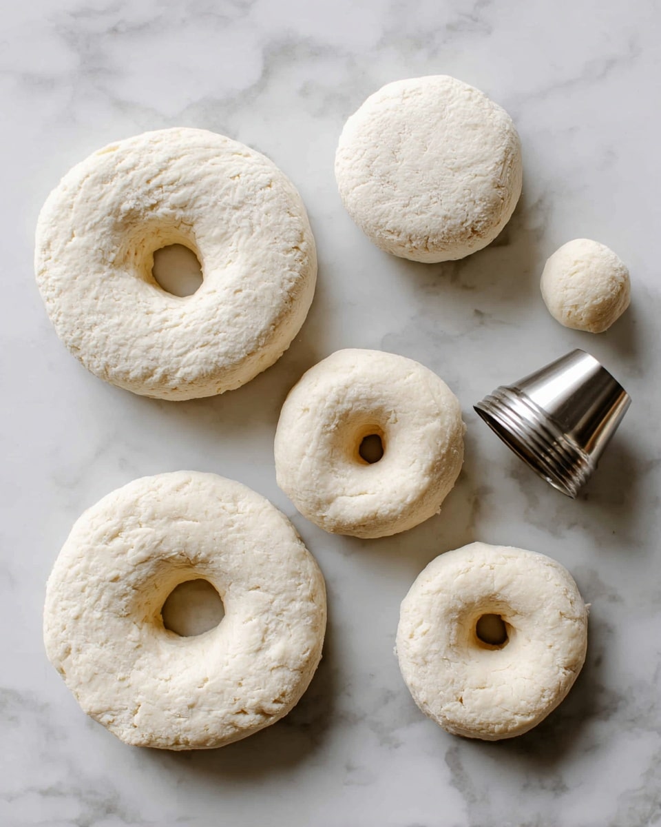 The image shows five pale, soft biscuit dough pieces on a white marbled surface. Three of the dough pieces are round with a smooth top texture, while two have holes in the center, making them look like doughnut shapes. There are also two small round dough balls placed near the top right side. A shiny silver piping tip is placed near the dough pieces, adding a metal contrast to the soft dough and marbled background. The overall look is fresh and ready for baking. photo taken with an iphone --ar 4:5 --v 7