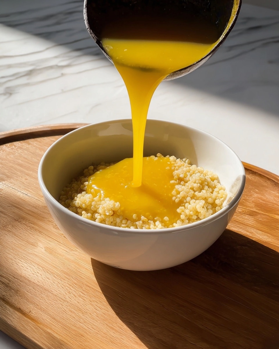 A white bowl filled with bright yellow soup that looks smooth with small bits of grain or pasta floating inside. The soup has tiny green herb specks scattered on the surface. A golden spoon is lifting a spoonful of round, small grain pieces from the soup, held by a woman's hand. The bowl sits on a wooden board, and the background is a white marbled texture. The light creates soft shadows and a cozy feel. photo taken with an iphone --ar 4:5 --v 7