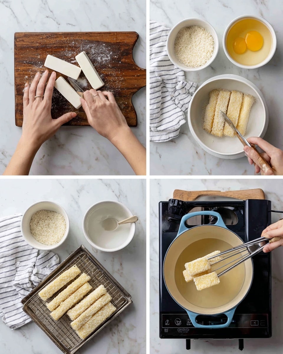 The image shows a series of four steps for preparing fried sticks. In step one, a pair of woman's hands is slicing a block of white tofu into thick sticks on a dark wooden cutting board, placed on a white marbled surface. Step two shows two bowls: one white bowl with beaten eggs and another white bowl with a light beige breadcrumb mixture, with the woman's fingers dipping tofu sticks into the breadcrumbs. Step three shows the woman's hand placing the breadcrumb-coated sticks on a wire rack over a metal tray, with the same bowls of eggs and breadcrumbs visible on the white marbled surface. Step four shows a light blue pot with hot oil on a black induction cooktop, where the woman's hand is using a spider skimmer to fry the tofu sticks. A white striped towel is on the side on the white marbled surface. photo taken with an iphone --ar 4:5 --v 7