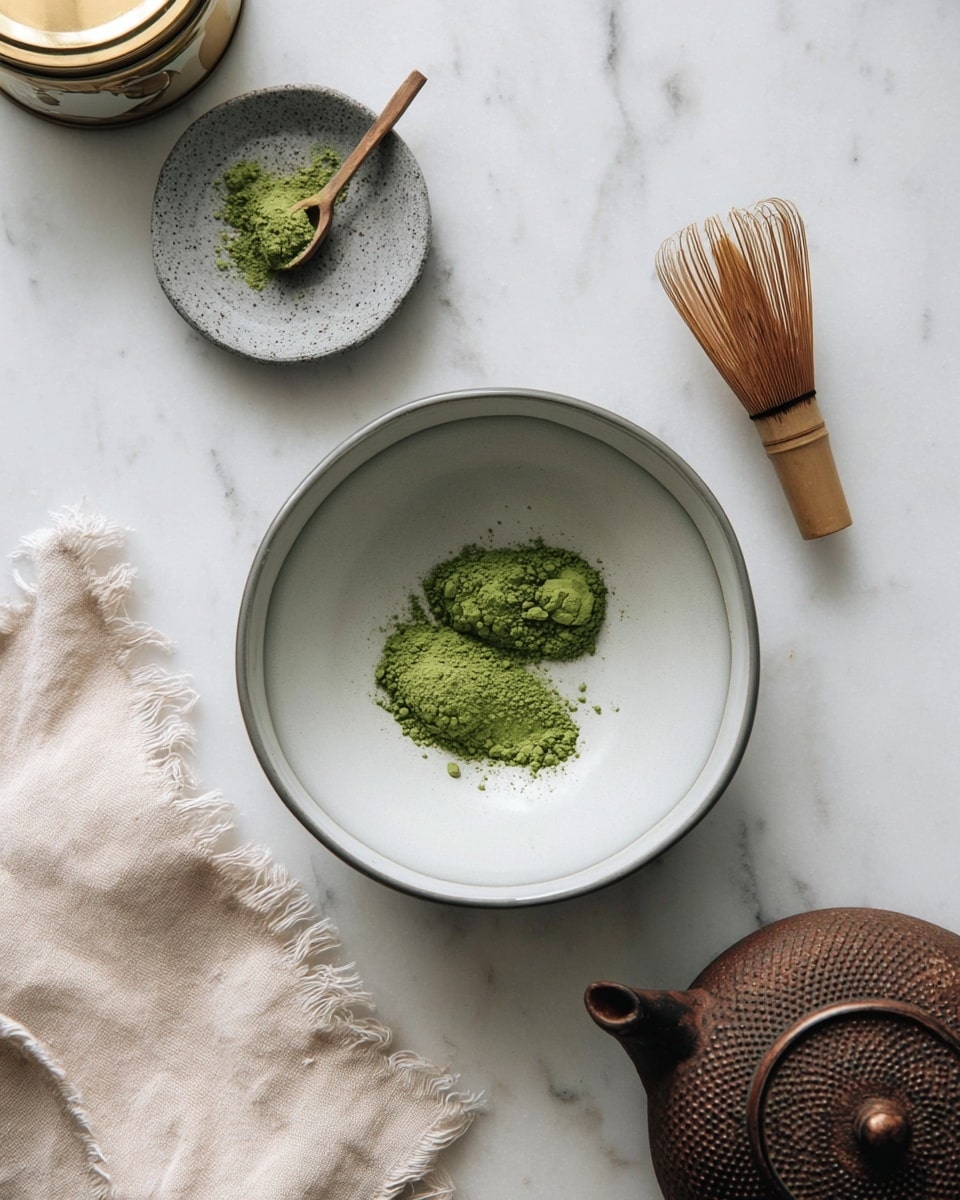 A white bowl with a gray rim holds two small piles of bright green matcha powder at its center, sitting on a white marbled surface. Above it is a small, gray speckled dish containing a loose pile of the same green powder with a small wooden scoop resting in it. To the right is a delicate bamboo whisk standing upright. A rusty, dark metal teapot partially appears on the bottom right side with its spout pointing towards the bowl. On the left side, a soft, light beige cloth with frayed edges lies gently folded. A gold and white tin container is near the top left corner. The overall scene is bright with natural light, emphasizing the textures and colors of the items. photo taken with an iphone --ar 4:5 --v 7