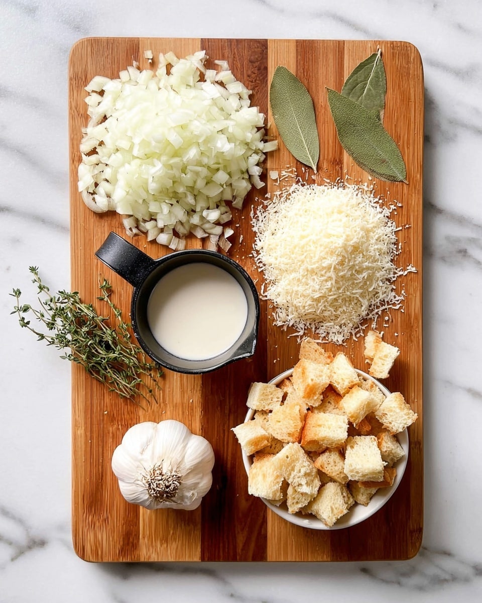 A wooden cutting board with seven groups of ingredients neatly arranged on it, placed on a white marbled surface. At the top left is a pile of finely chopped white onions, next to it on the right are two green bay leaves and a small sprig of thyme. Below the onions on the left is a mound of finely grated white cheese, and next to it in the center is a black measuring cup filled with a white creamy liquid. Below the cheese is a small heap of minced garlic, and to the bottom left of the board sits a full unpeeled garlic bulb. On the right side of the image, there is a white bowl filled with small cubes of white and golden bread pieces. Photo taken with an iphone --ar 4:5 --v 7