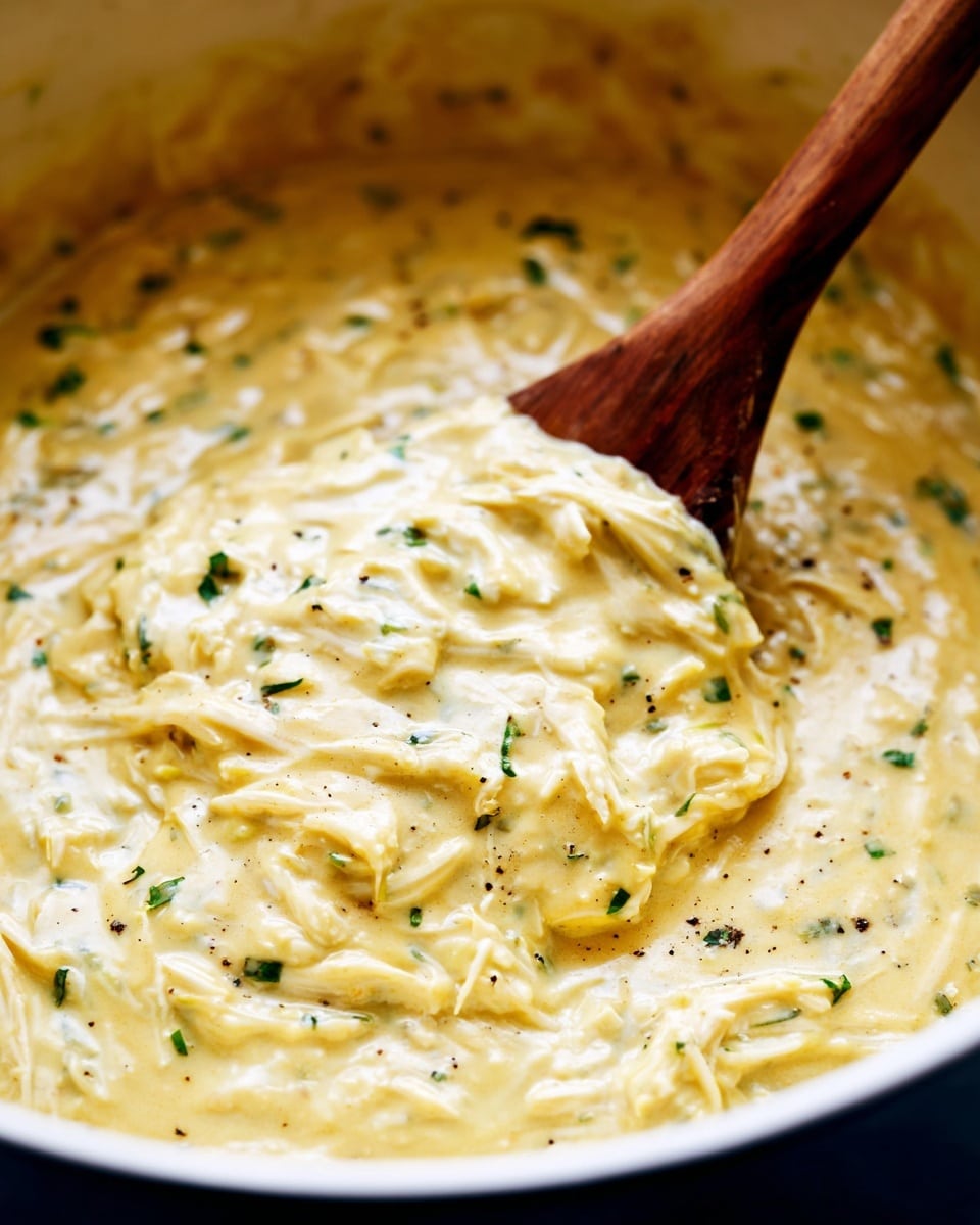 The image shows a close-up of a creamy dish being stirred with a wooden spoon. The dish has a thick, smooth texture with visible shredded white pieces mixed throughout, and it is speckled with small green herbs and black pepper. The mixture is pale yellow with a glossy surface, filling a white bowl that contrasts with the food's warm color. The wooden spoon is partly submerged in the creamy mixture, suggesting the food is hot and freshly made. The background has a white marbled texture that adds a clean and bright feel to the image. photo taken with an iphone --ar 4:5 --v 7